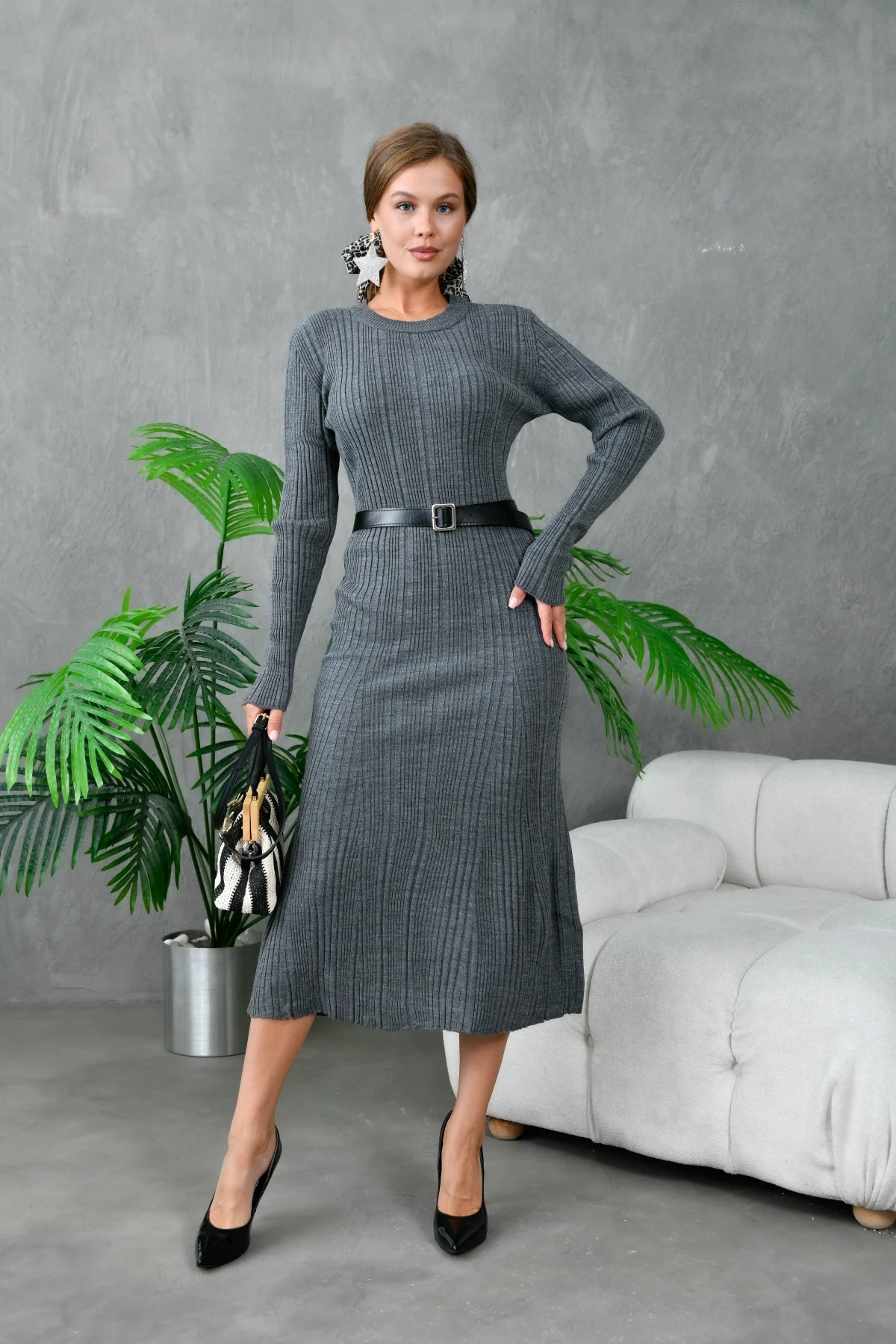 Kadın Bisiklet Yaka Kemer Detaylı Uzun Triko Elbise