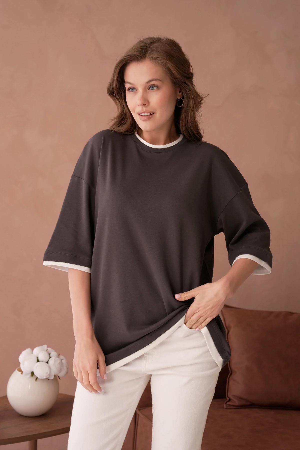 Bisiklet Yaka Kumaş Garnili Salaş Basic T-Shirt