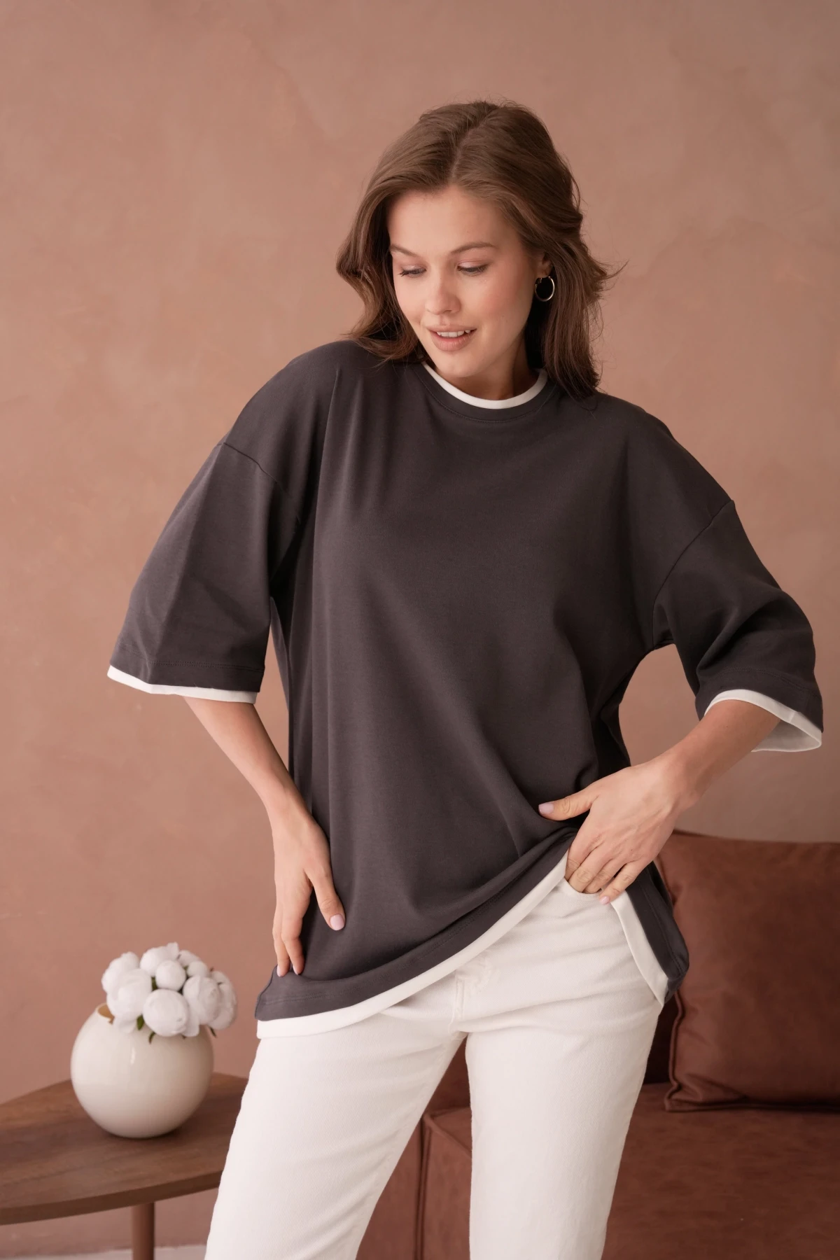 Bisiklet Yaka Kumaş Garnili Salaş Basic T-Shirt