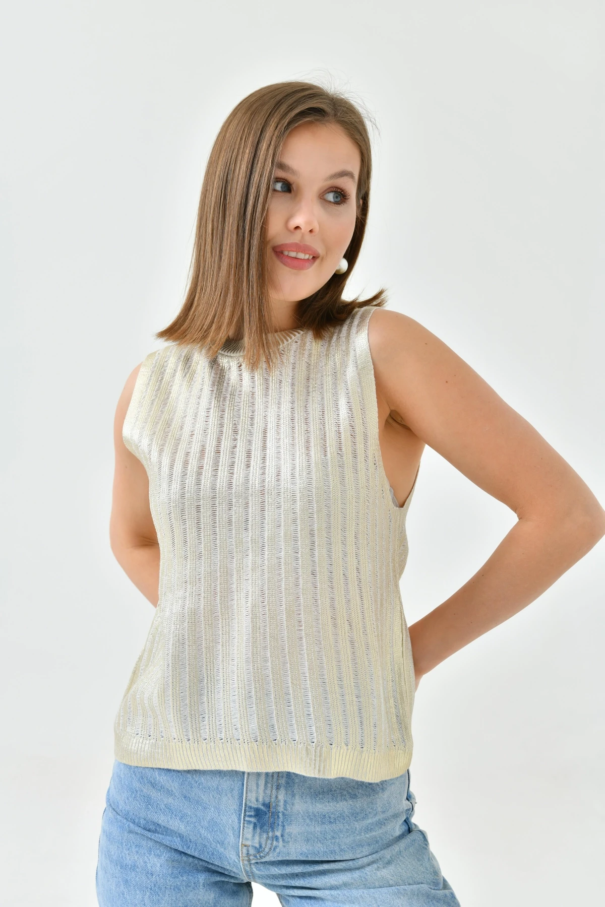 Kadın Bisiklet Yaka Lurex Kolsuz Triko Bluz