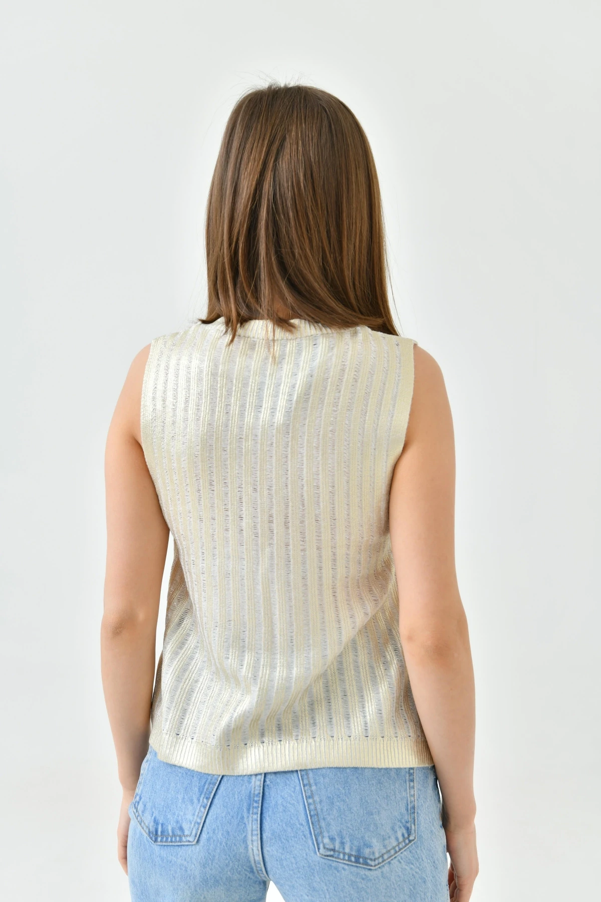 Kadın Bisiklet Yaka Lurex Kolsuz Triko Bluz