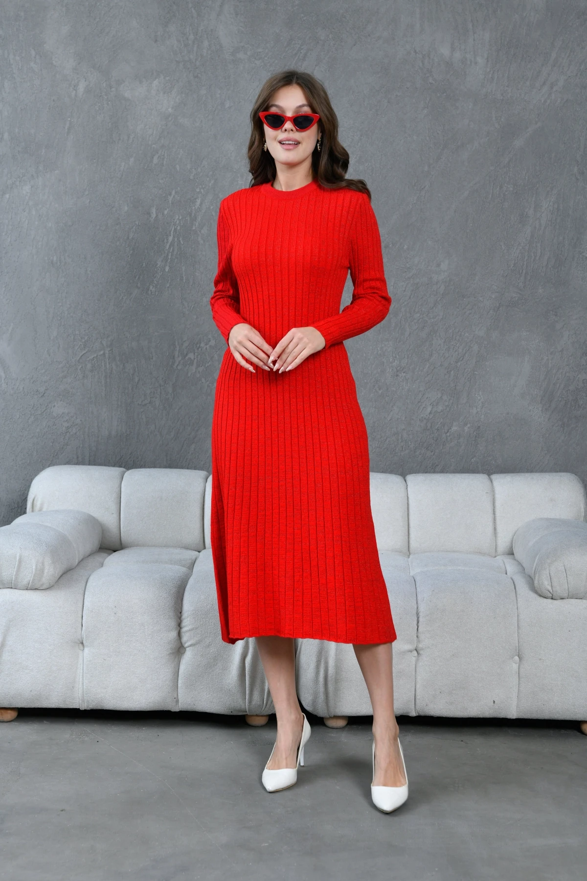 Kadın Bisiklet Yaka Lurex Uzun Triko Elbise