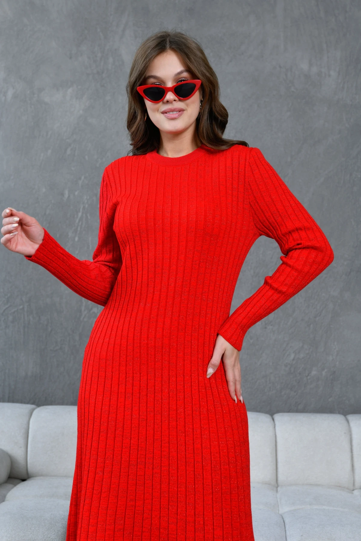 Kadın Bisiklet Yaka Lurex Uzun Triko Elbise