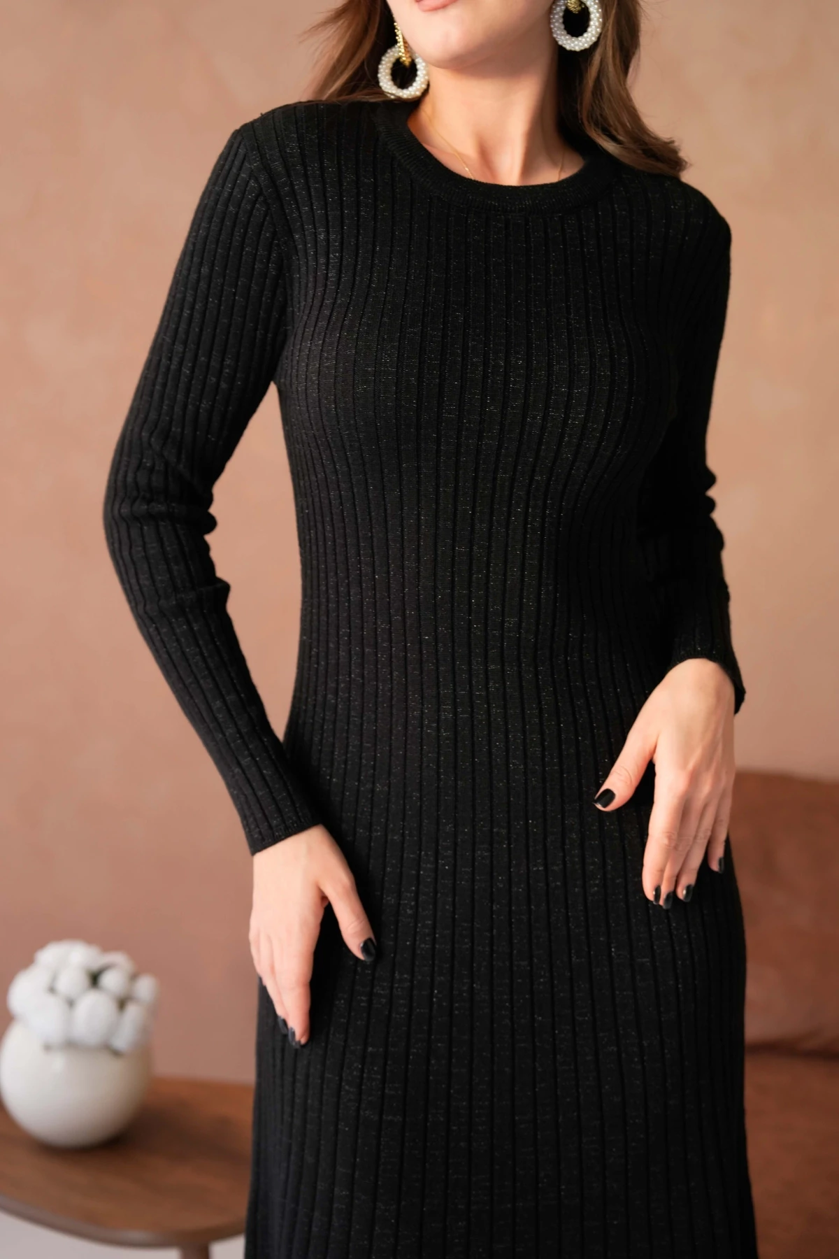 Kadın Bisiklet Yaka Lurex Uzun Triko Elbise