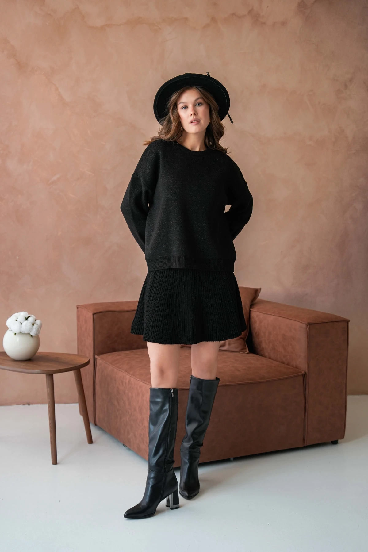 Kadın Bisiklet Yaka Lurex Salaş Etekli Triko Takım