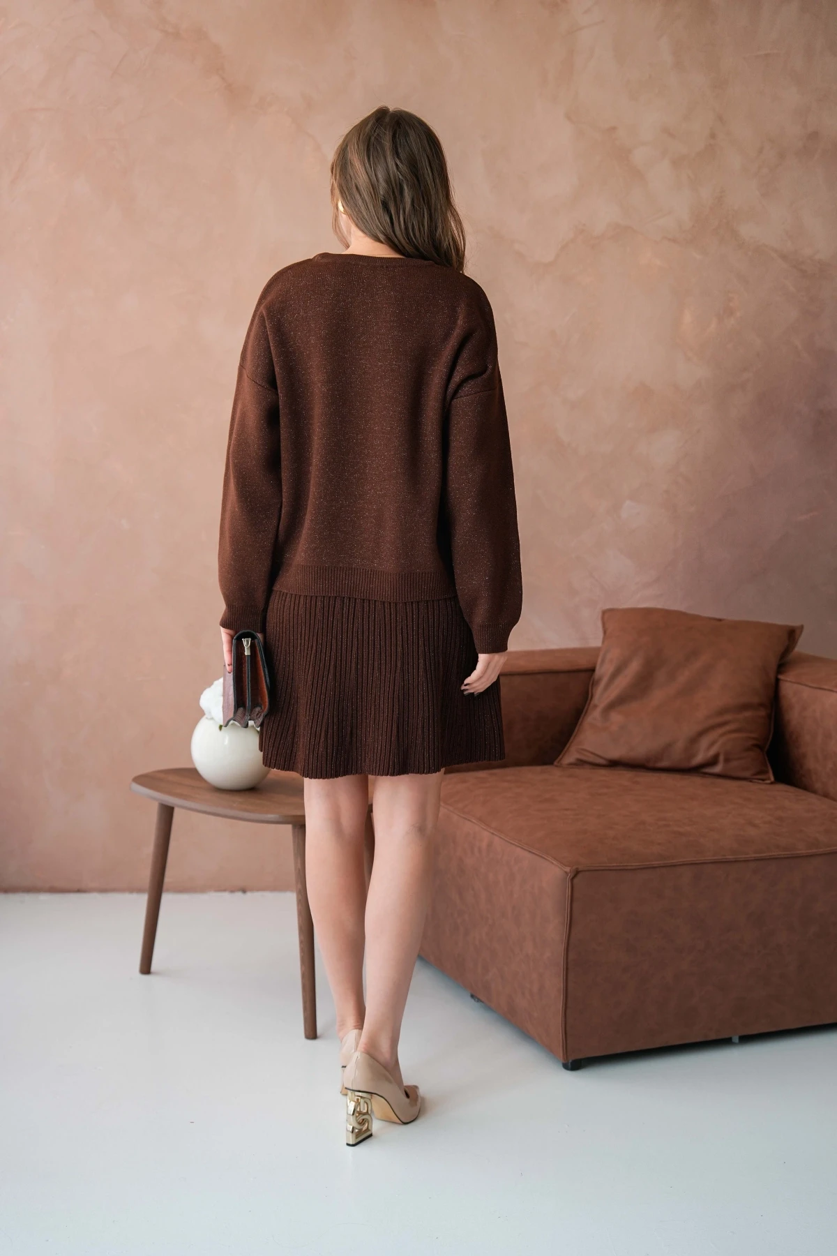 Kadın Bisiklet Yaka Lurex Salaş Etekli Triko Takım