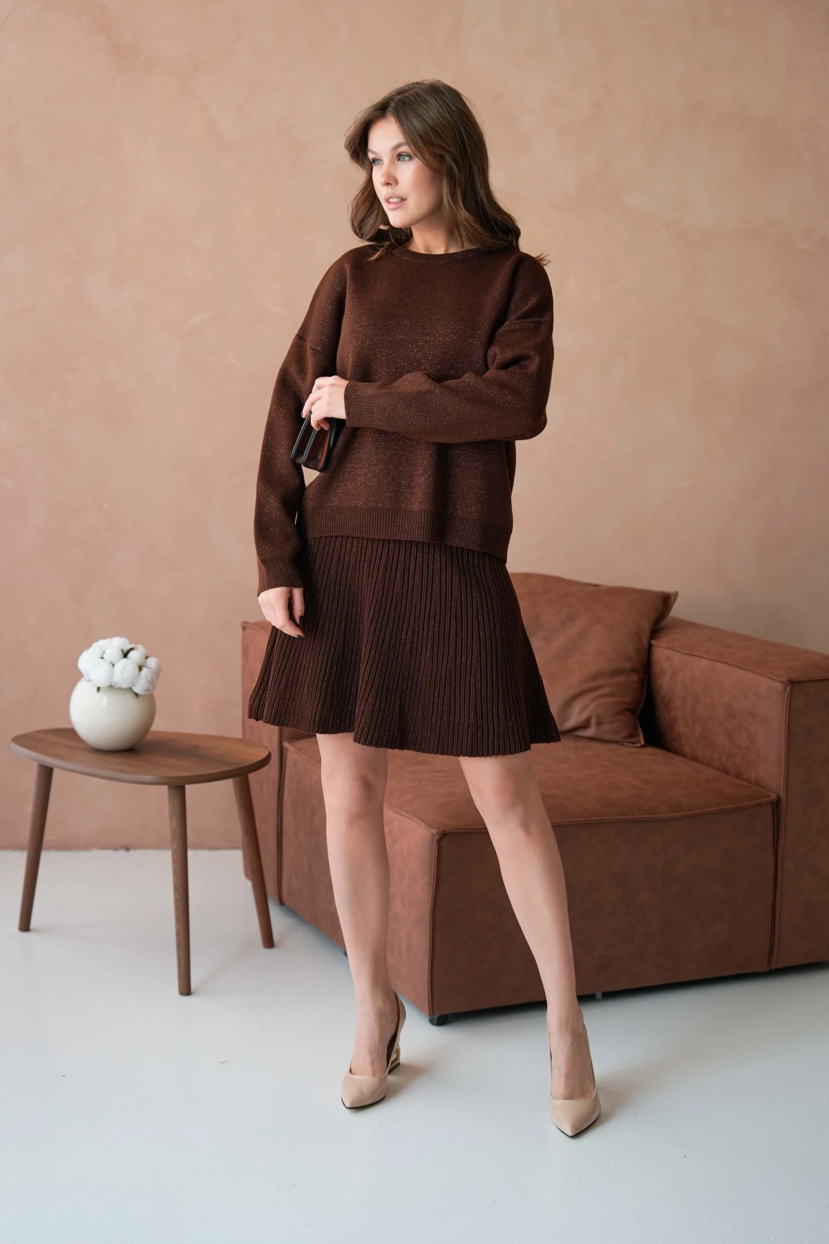 Kadın Bisiklet Yaka Lurex Salaş Etekli Triko Takım