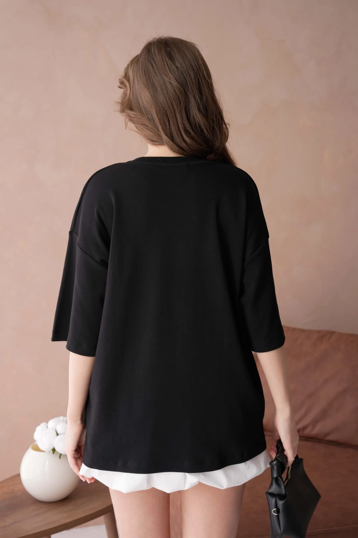 Bisiklet Yaka Ön Yüzü Tül Detaylı Oversize Kalıp Basic T-Shirt