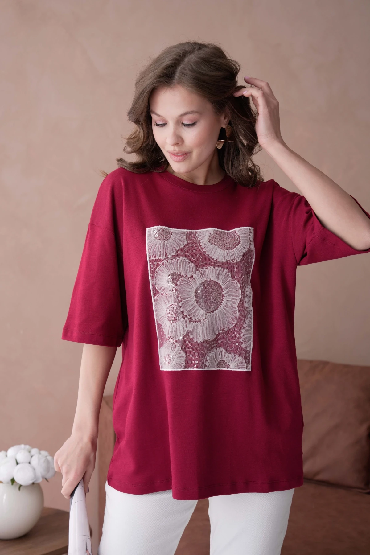 Bisiklet Yaka Ön Yüzü Tül Detaylı Oversize Kalıp Basic T-Shirt