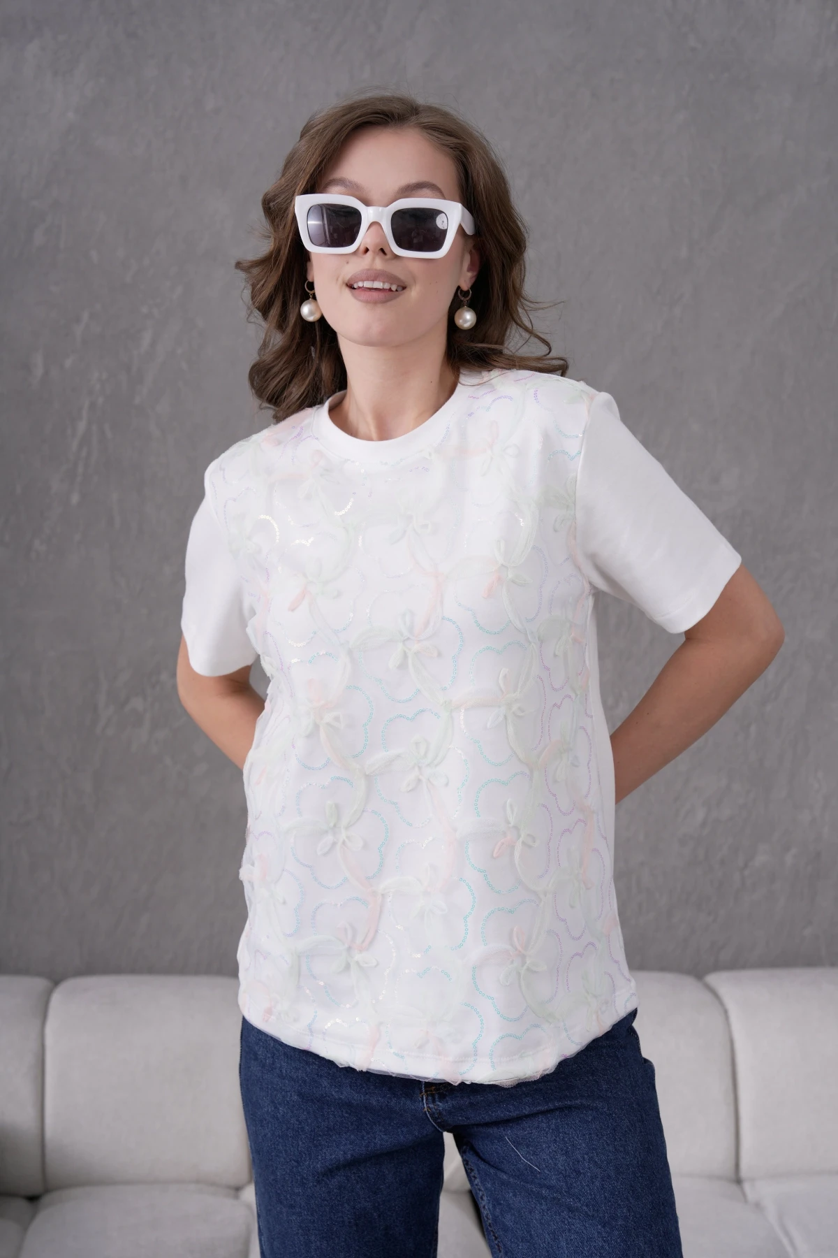 Bisiklet Yaka Önyüzü Tül Dantel Giydirmeli Basic T-Shirt