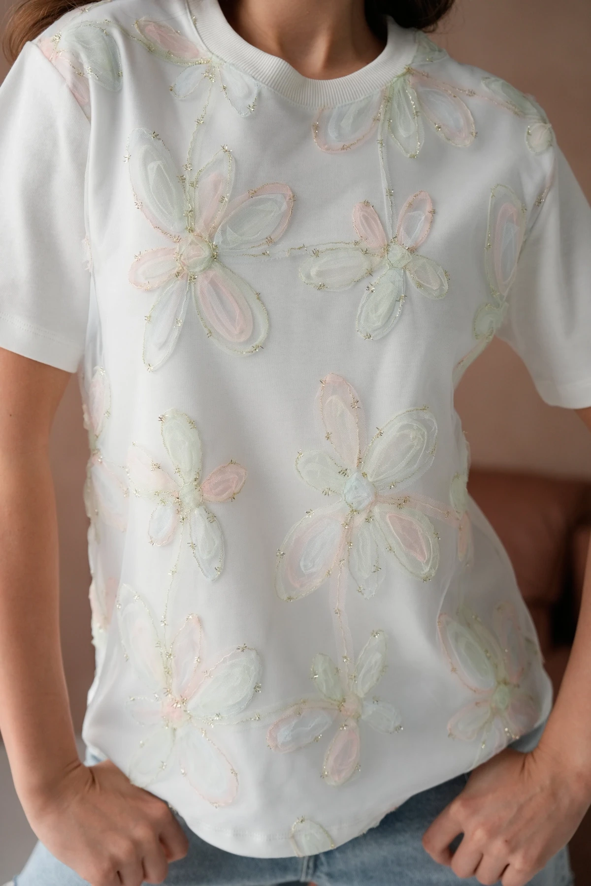 Bisiklet Yaka Önyüzü Tül Dantel Giydirmeli Basic T-Shirt