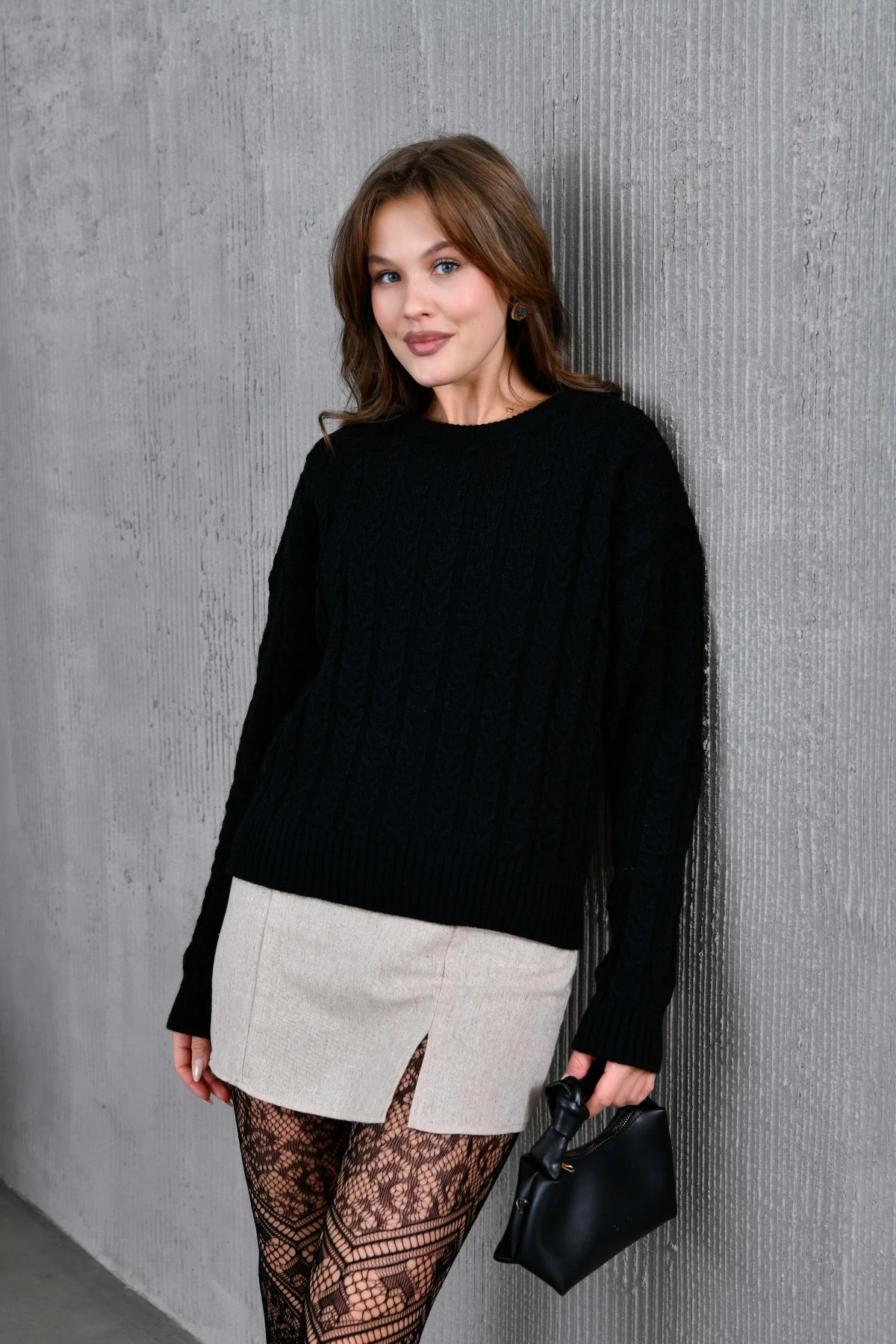 Kadın Bisiklet Yaka Örgü Detay Triko Kazak