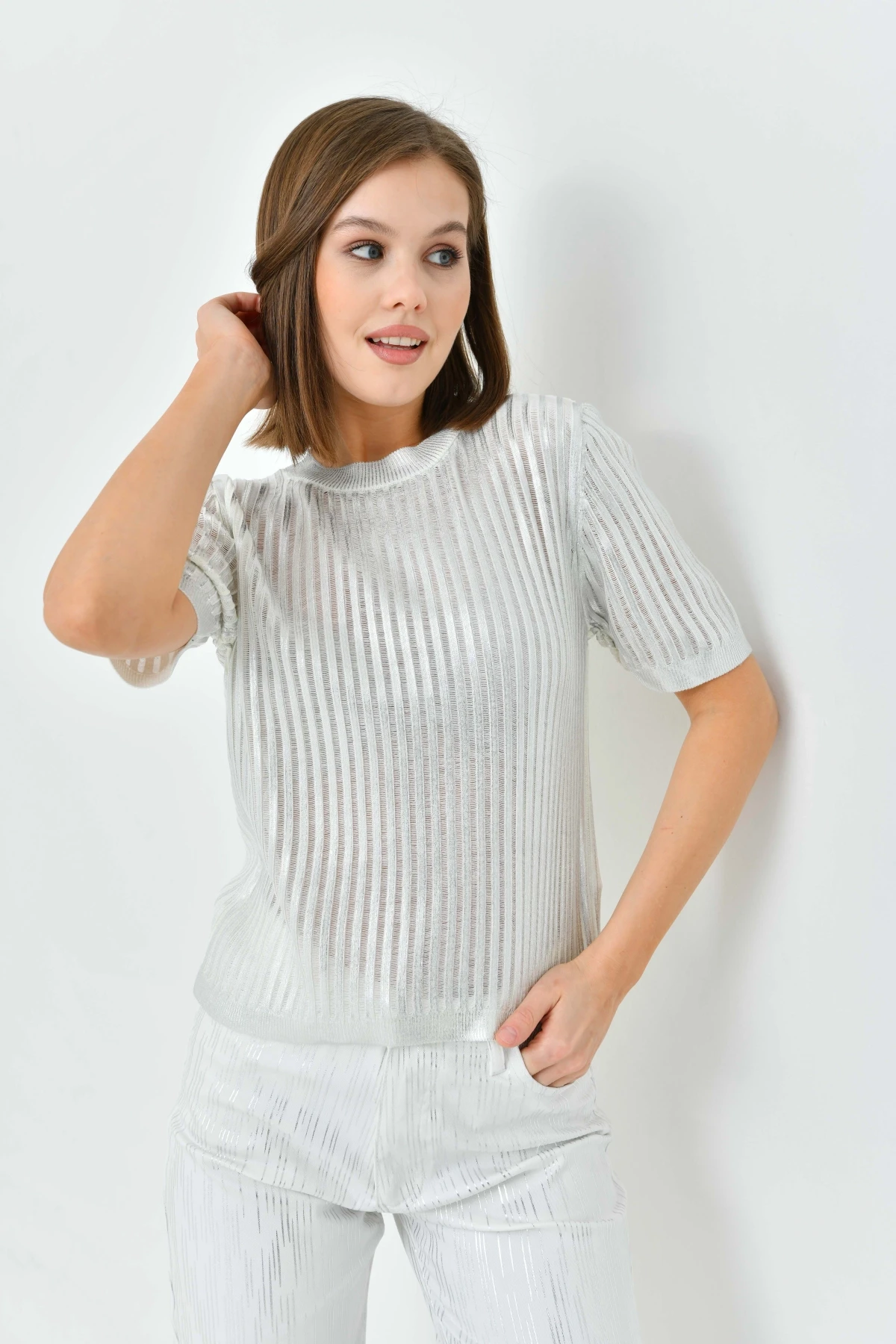 Kadın Bisiklet Yaka Örgü Detay Varaklı Triko Kazak