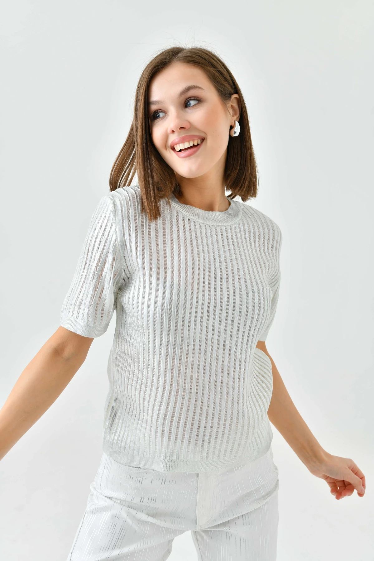 Kadın Bisiklet Yaka Örgü Detay Varaklı Triko Kazak