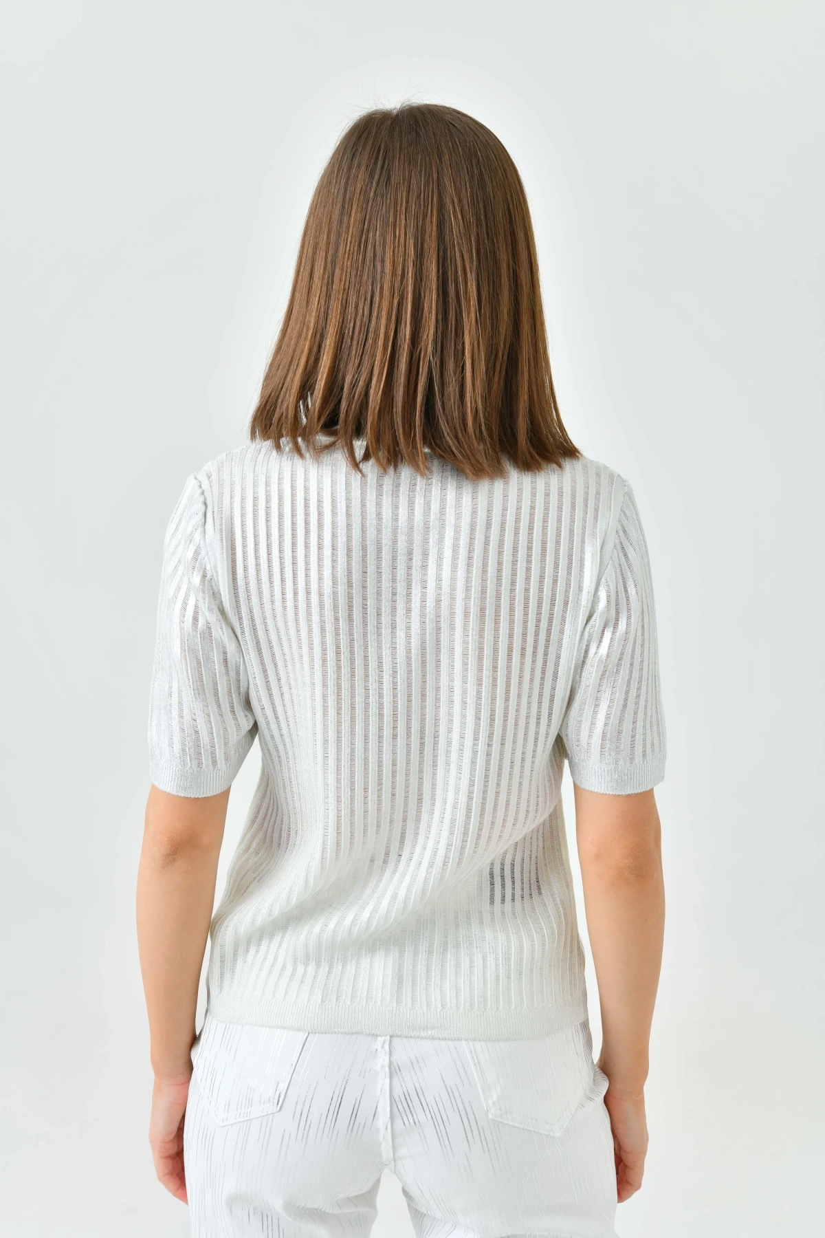 Kadın Bisiklet Yaka Örgü Detay Varaklı Triko Kazak