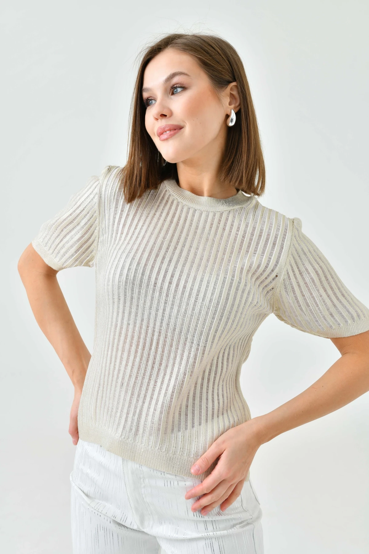 Kadın Bisiklet Yaka Örgü Detay Varaklı Triko Kazak