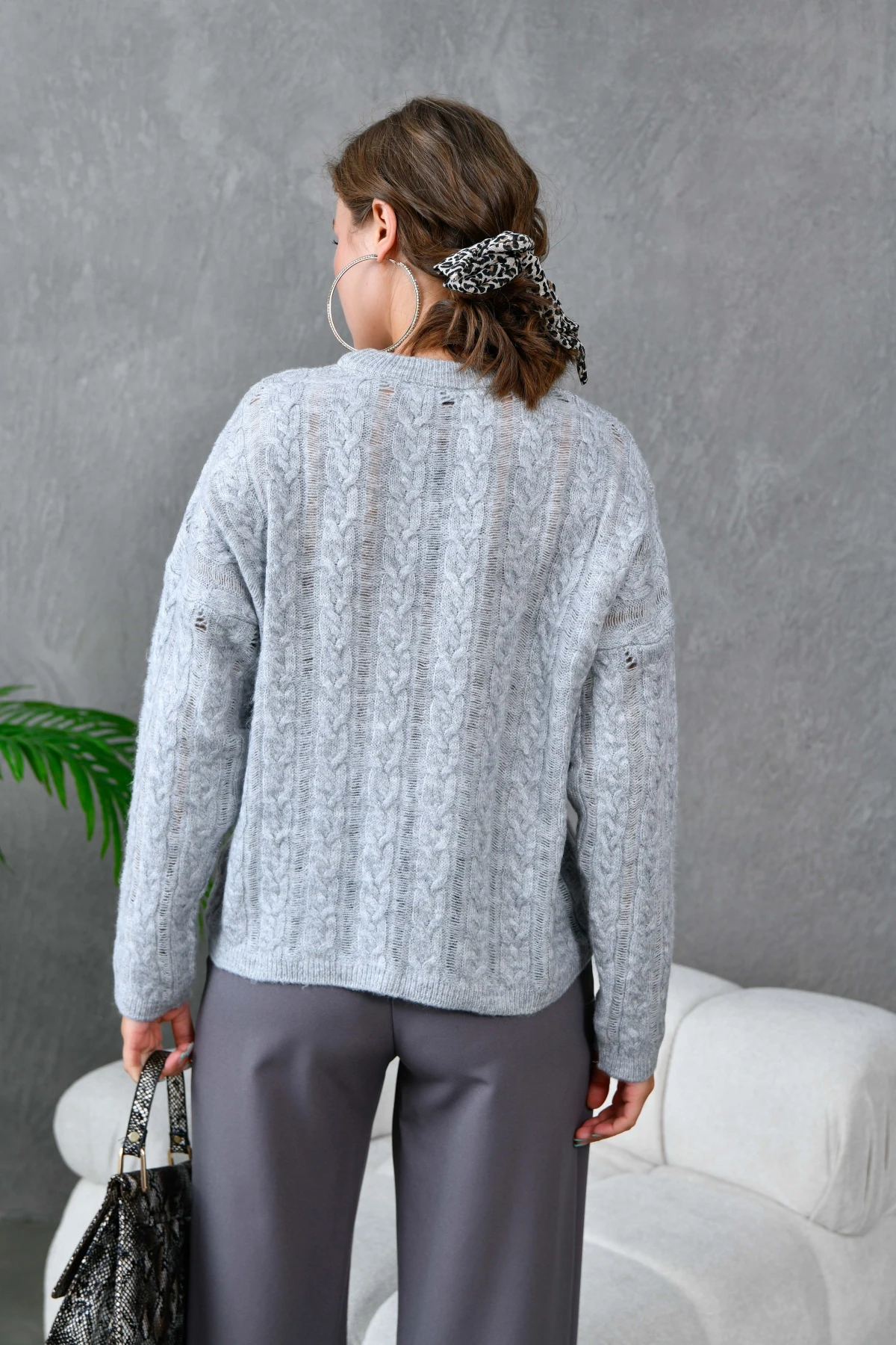 Kadın Bisiklet Yaka Saç Örgü Triko Kazak