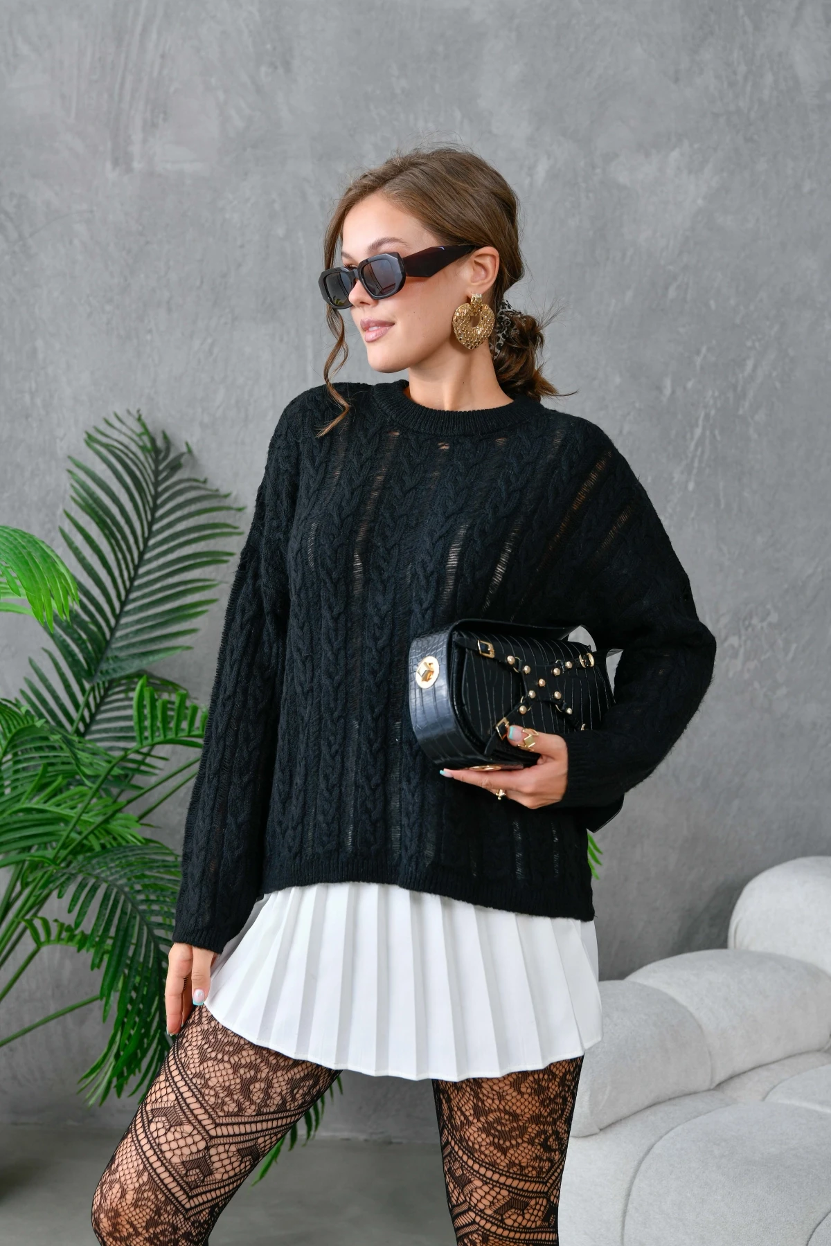 Kadın Bisiklet Yaka Saç Örgü Triko Kazak