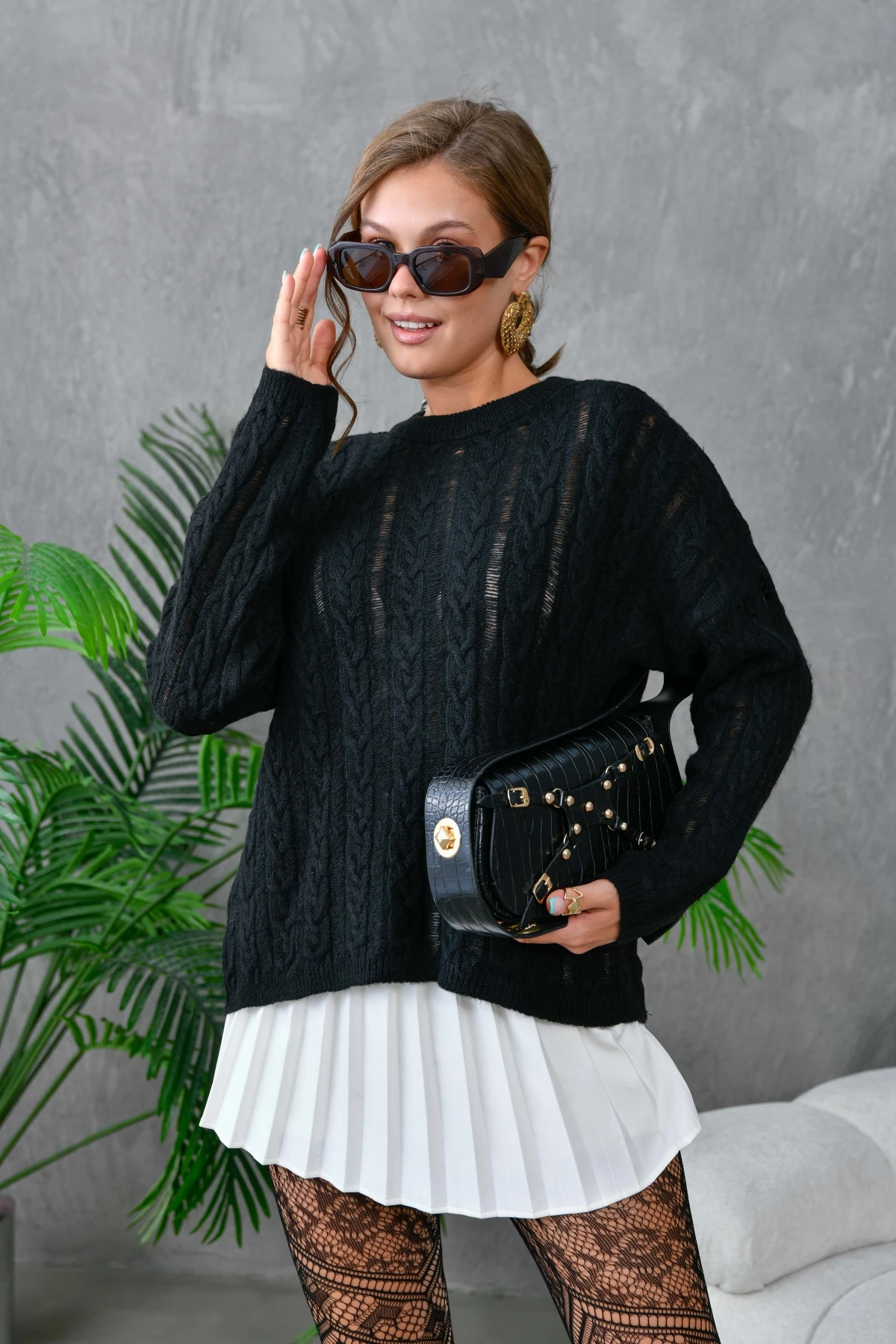 Kadın Bisiklet Yaka Saç Örgü Triko Kazak