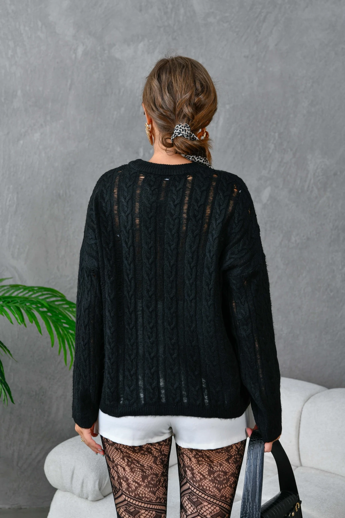 Kadın Bisiklet Yaka Saç Örgü Triko Kazak