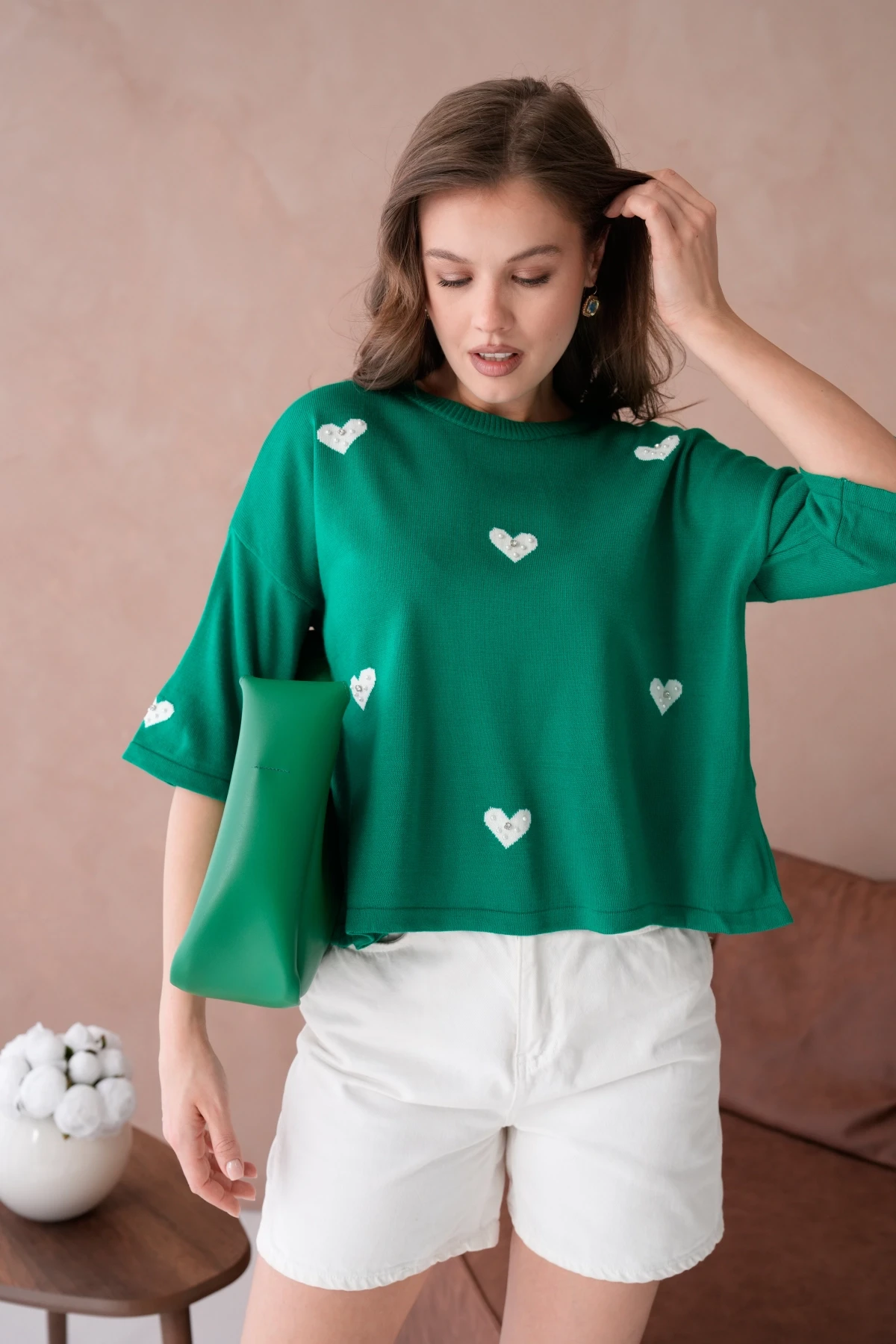 Kadın Bisiklet Yaka Taş İşlemeli Salaş Triko Kazak