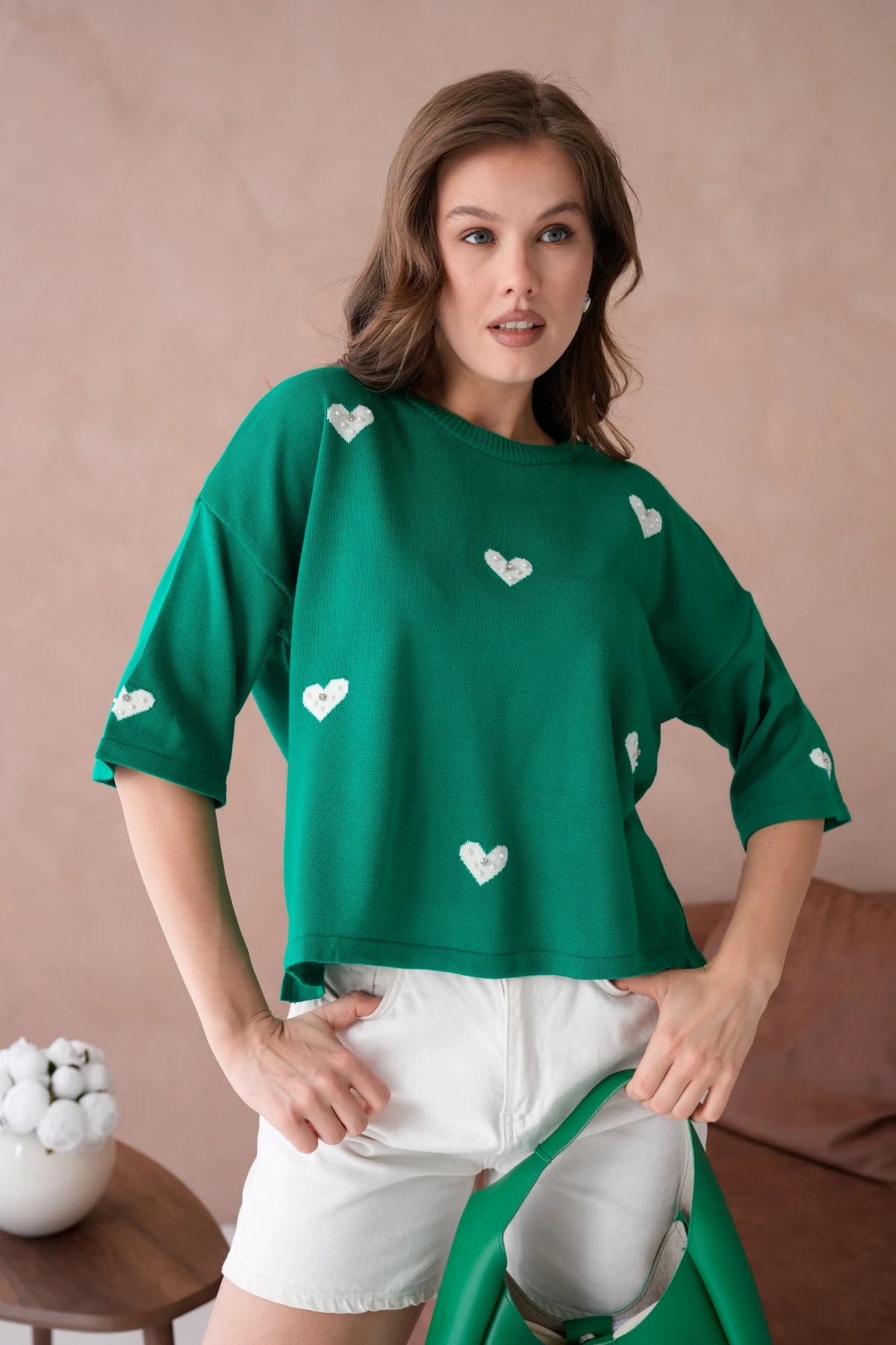 Kadın Bisiklet Yaka Taş İşlemeli Salaş Triko Kazak