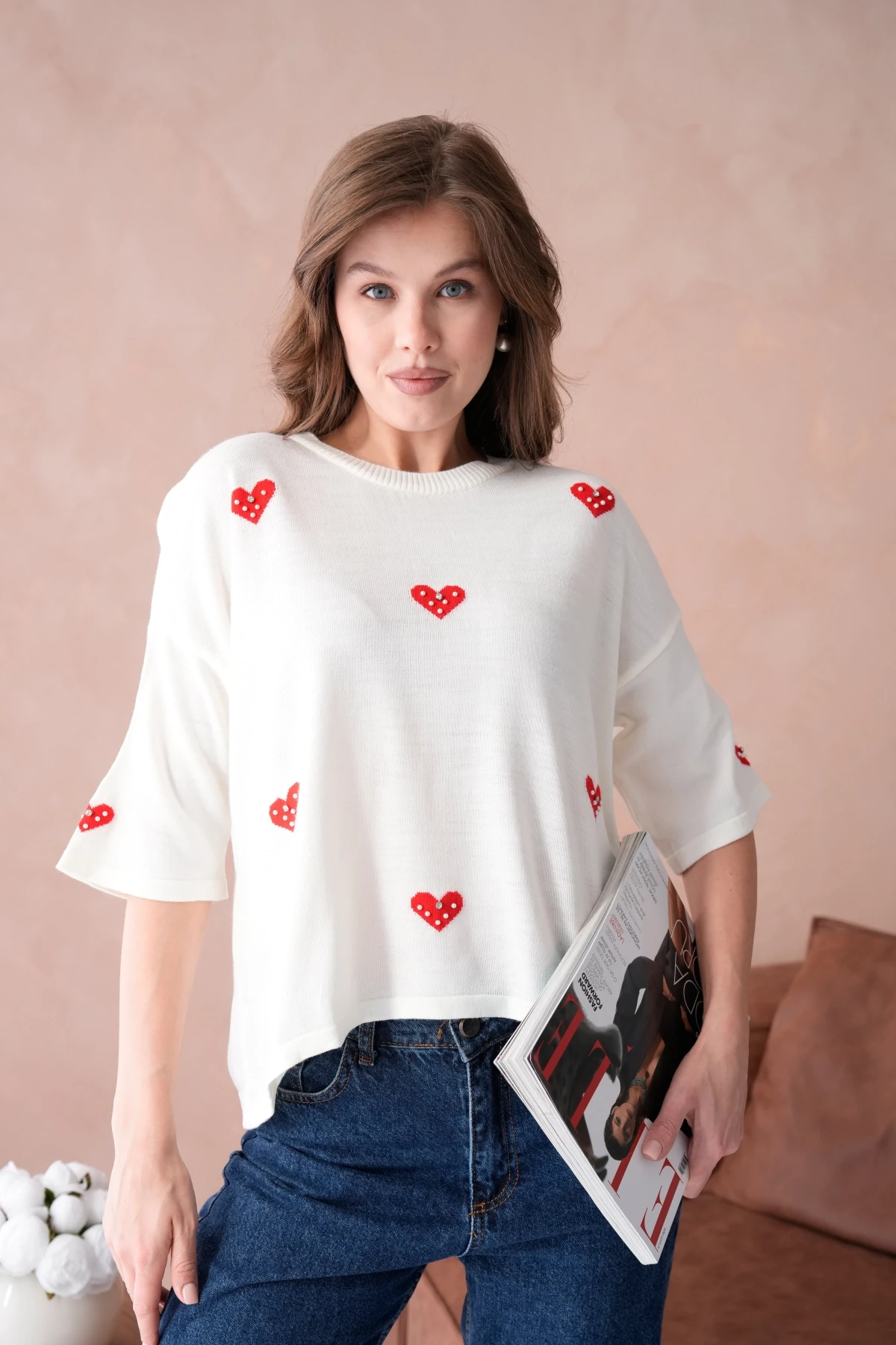 Kadın Bisiklet Yaka Taş İşlemeli Salaş Triko Kazak