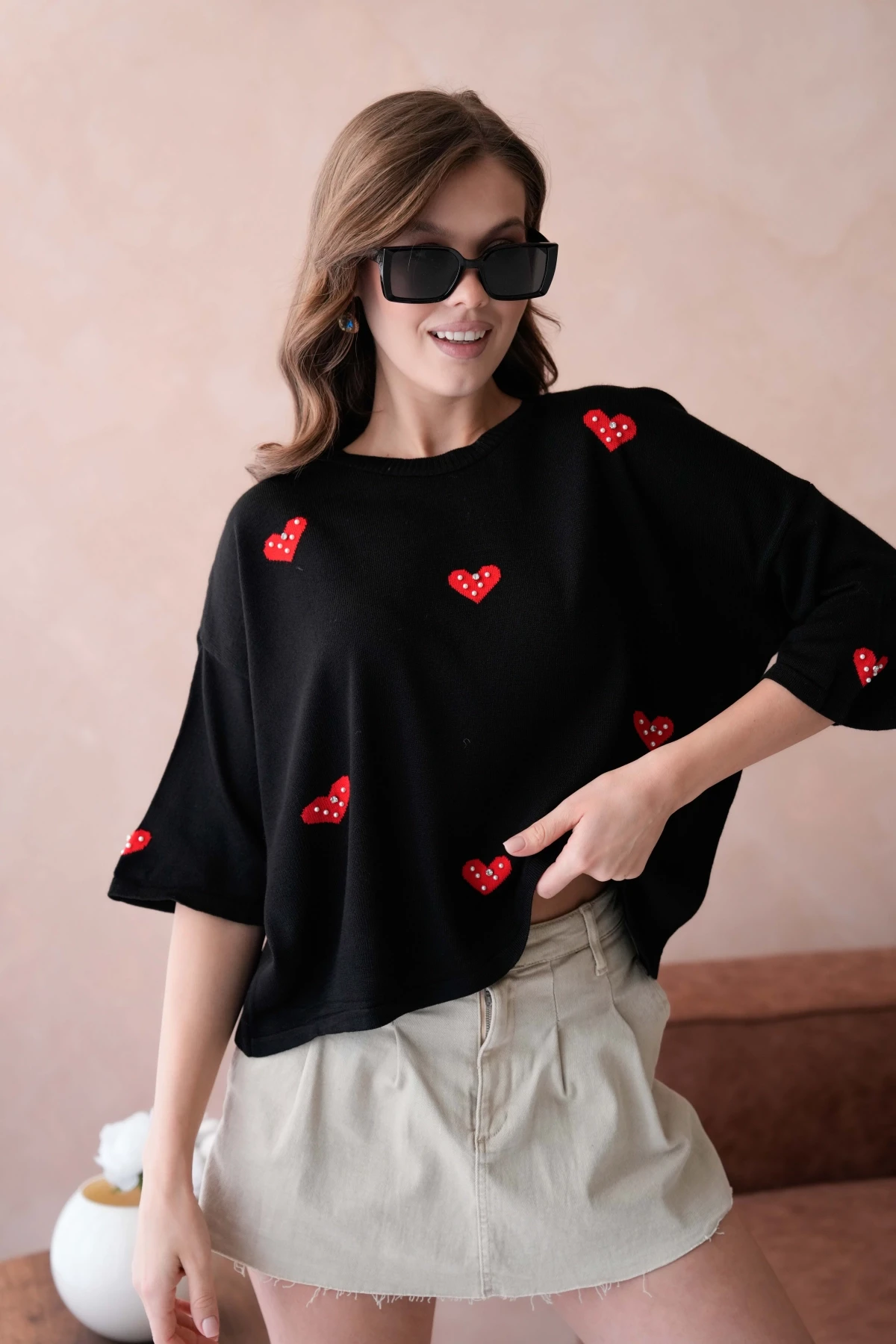 Kadın Bisiklet Yaka Taş İşlemeli Salaş Triko Kazak