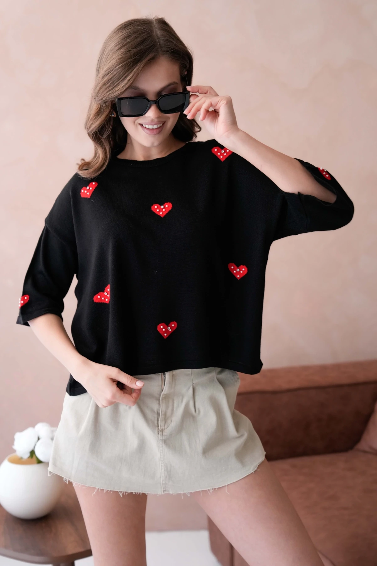 Kadın Bisiklet Yaka Taş İşlemeli Salaş Triko Kazak