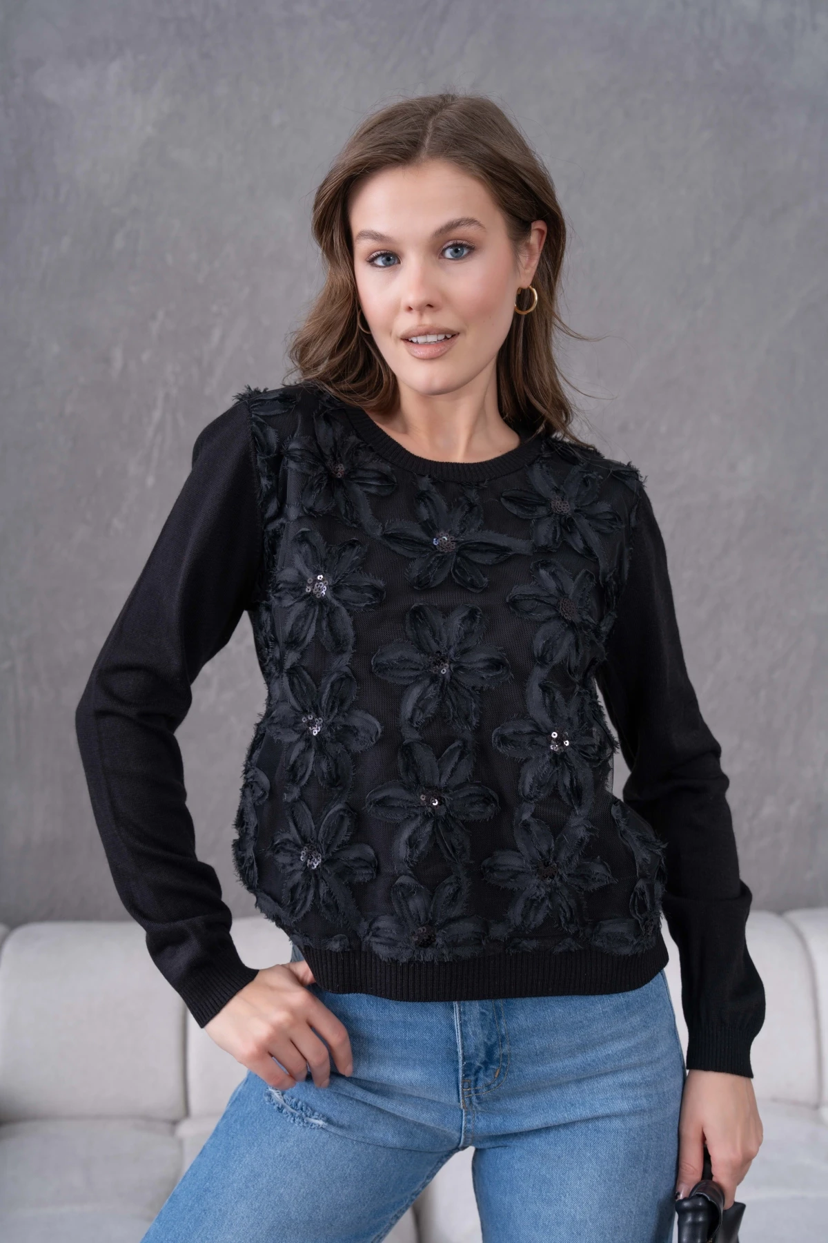 Bisiklet Yaka Tül Detaylı Aplikeli Triko Kazak