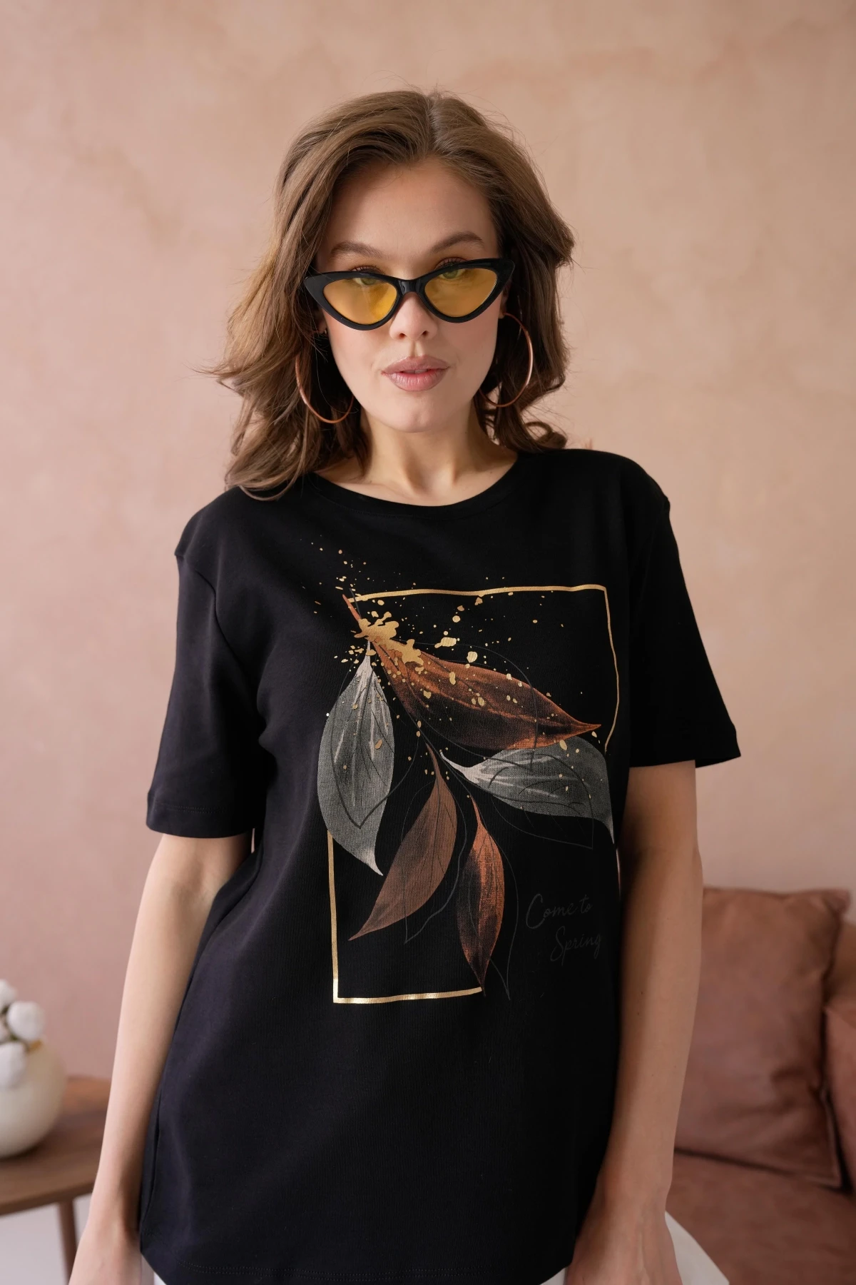 Bisiklet Yaka Varak Baskılı Basic T-Shirt