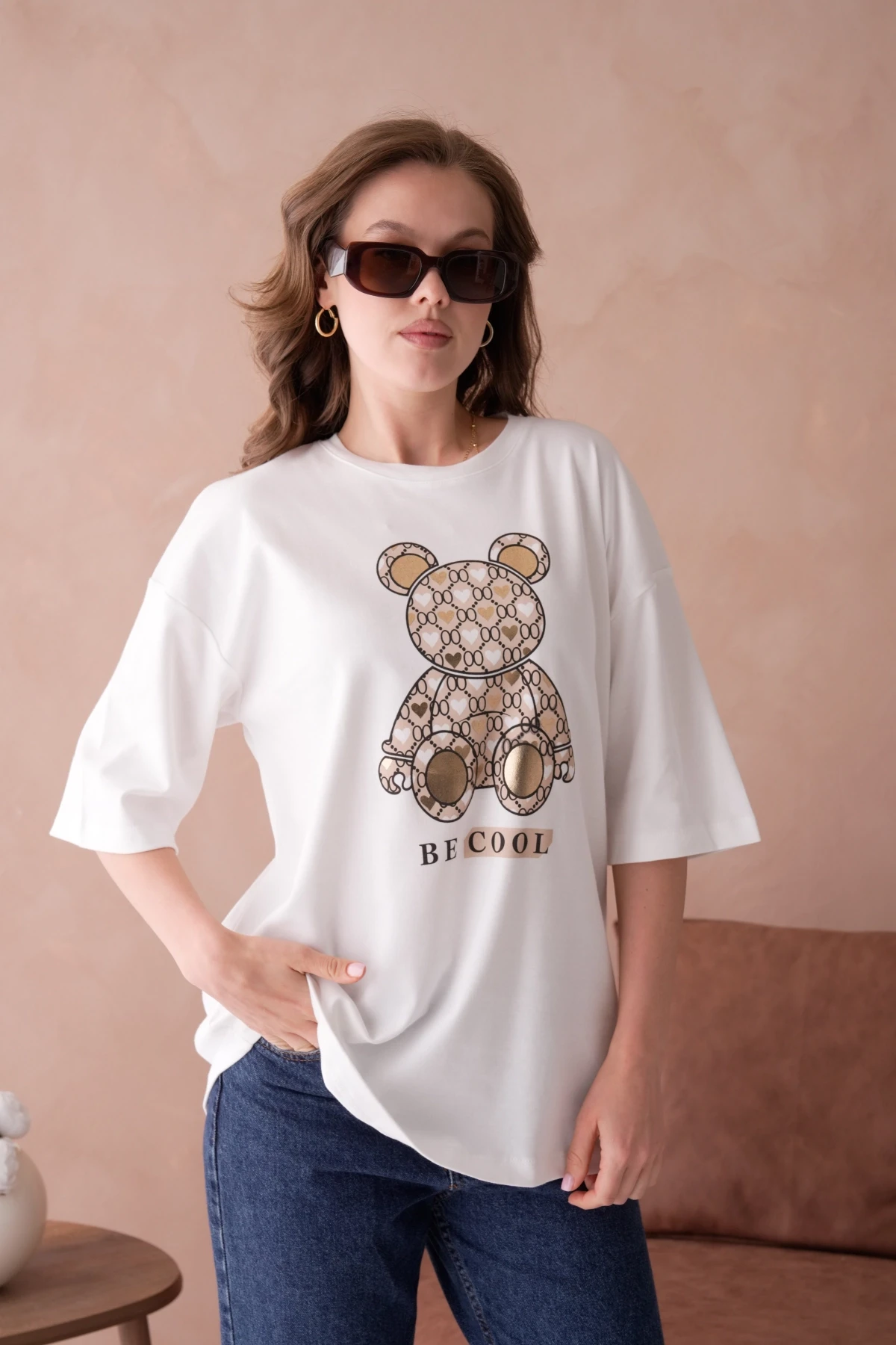 Bisiklet Yaka Varak Baskılı Salaş Basic T-Shirt