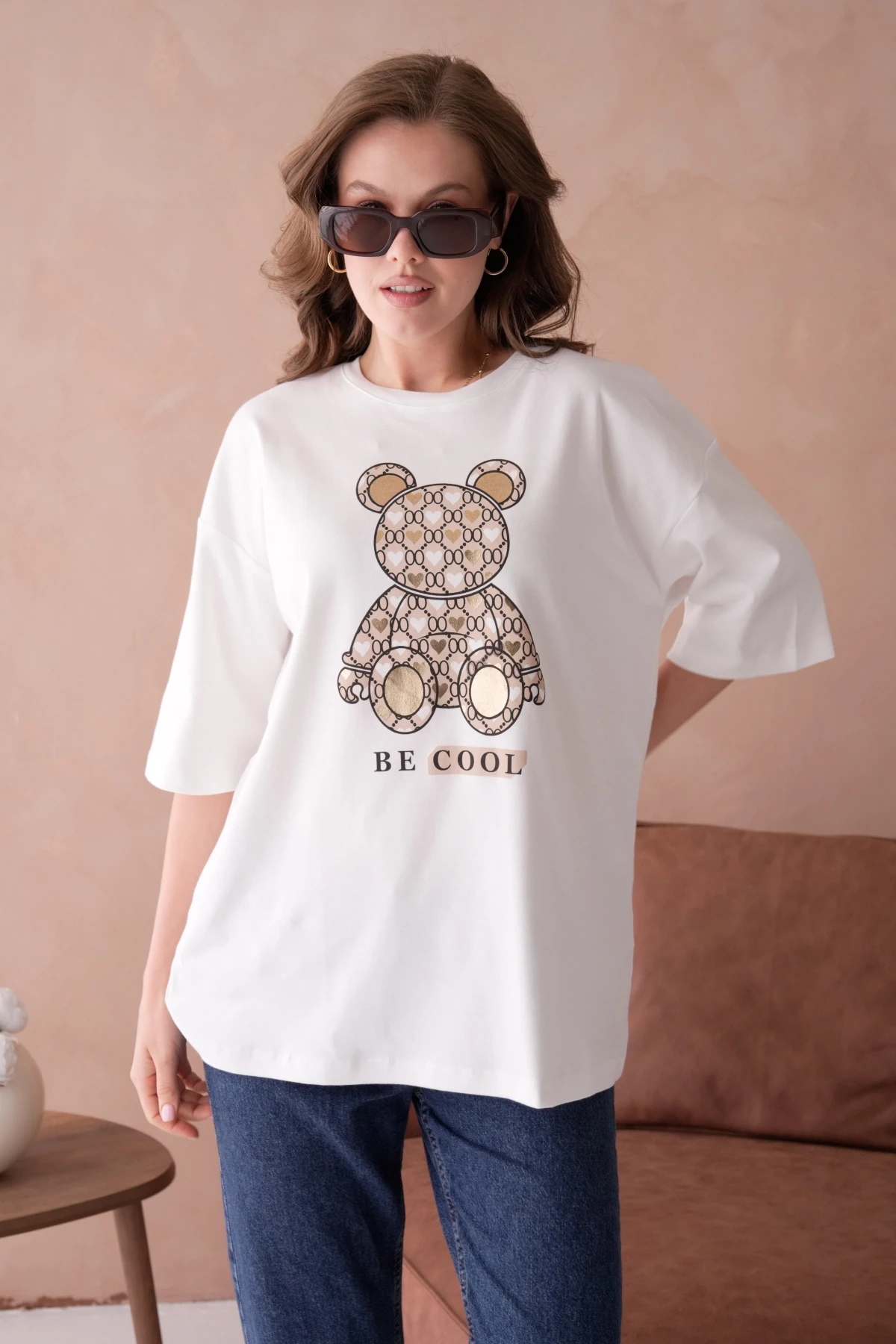 Bisiklet Yaka Varak Baskılı Salaş Basic T-Shirt