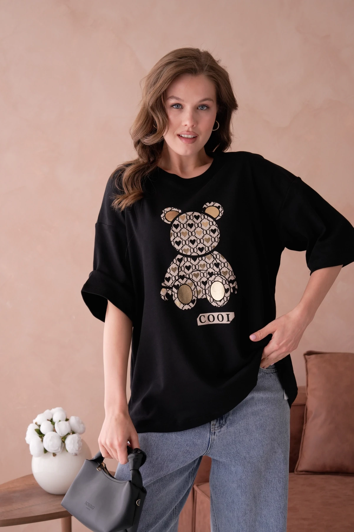 Bisiklet Yaka Varak Baskılı Salaş Basic T-Shirt