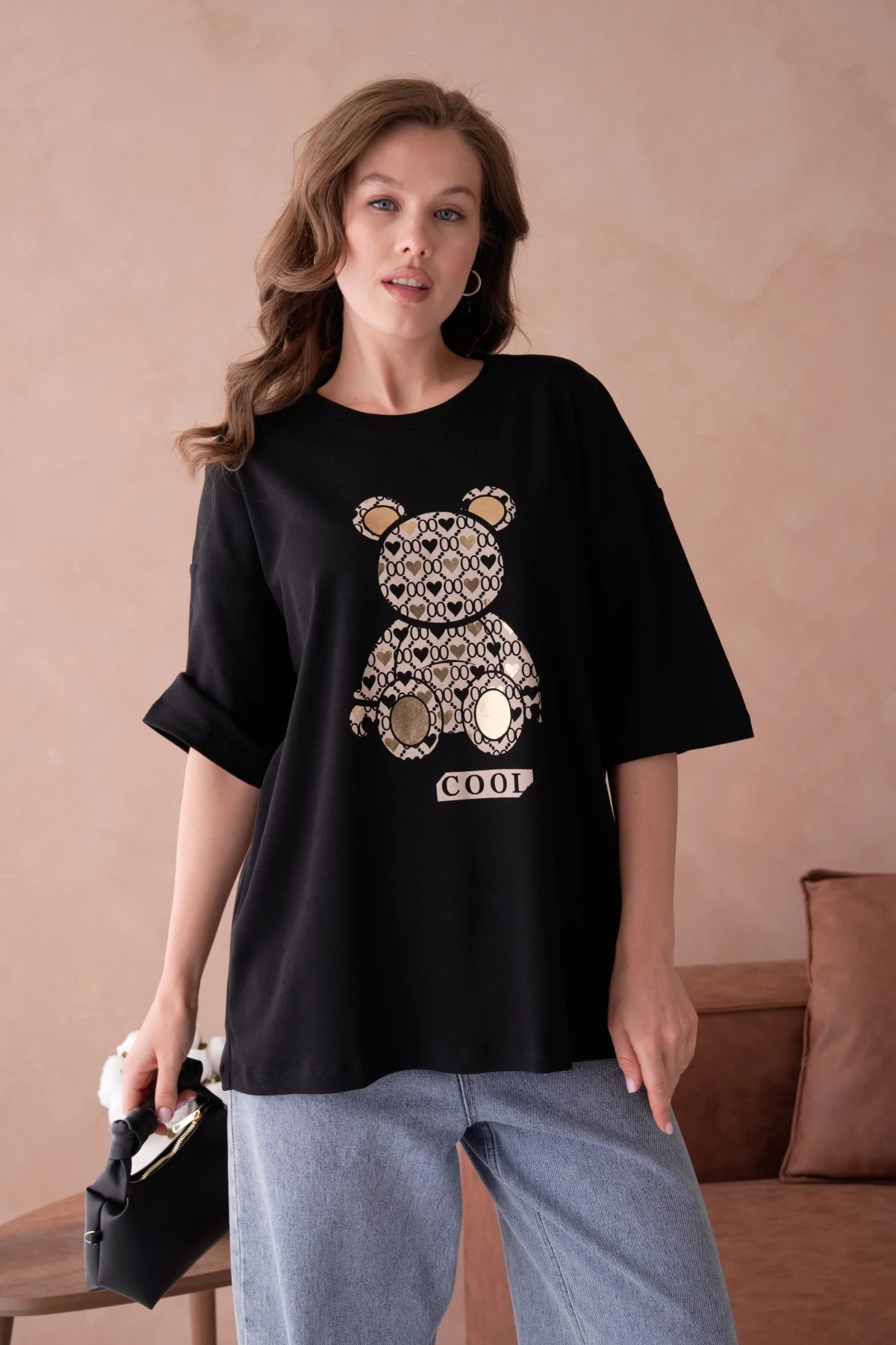 Bisiklet Yaka Varak Baskılı Salaş Basic T-Shirt