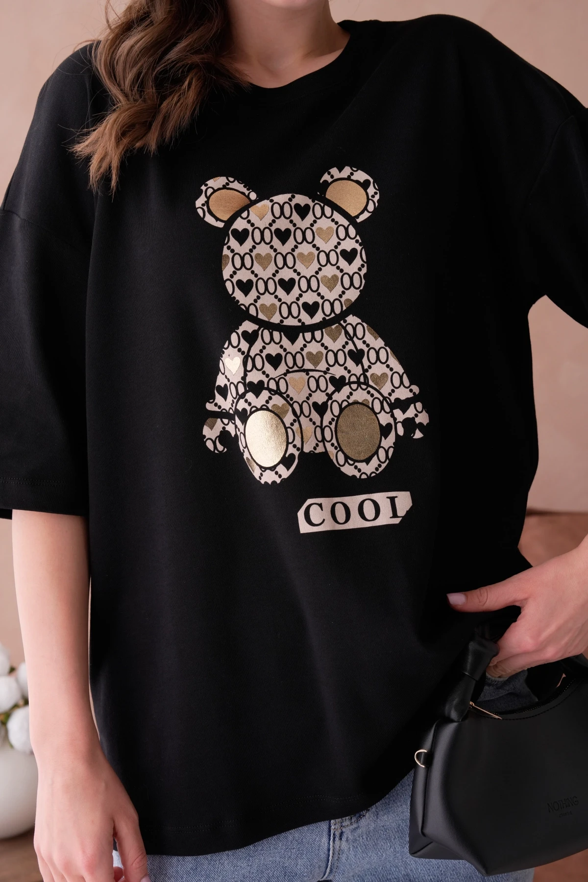 Bisiklet Yaka Varak Baskılı Salaş Basic T-Shirt