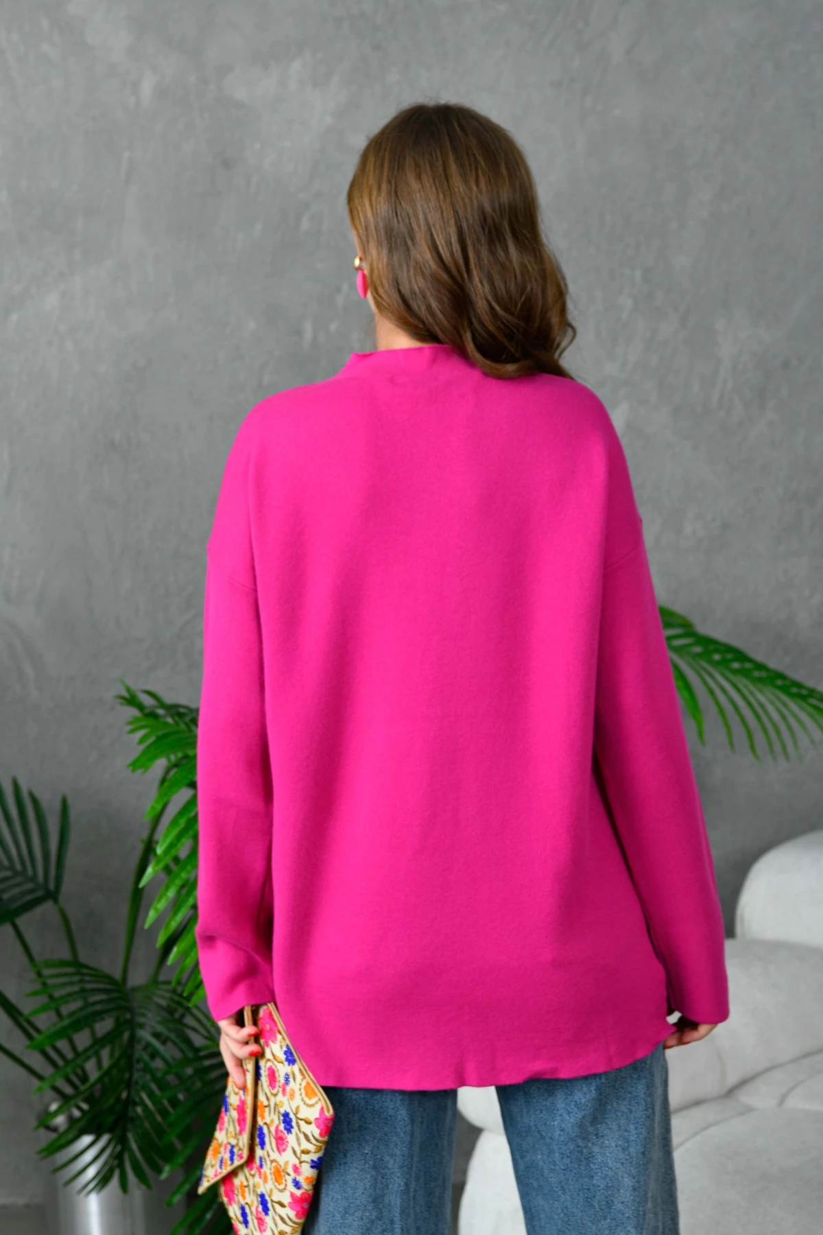 Kadın Dik Yaka Salaş Triko Kazak