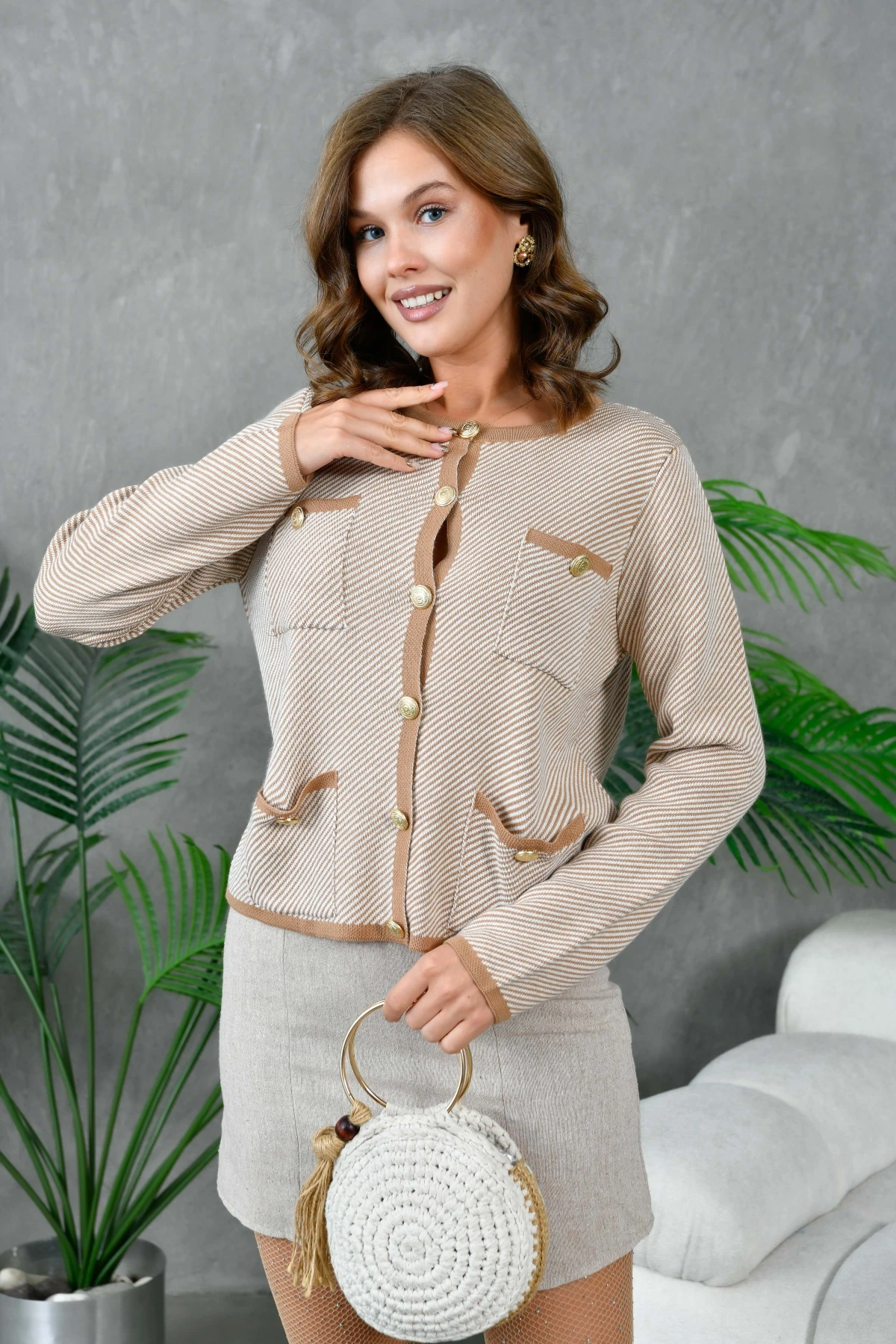 Kadın Düğme Detay Çizgili Triko HIrka