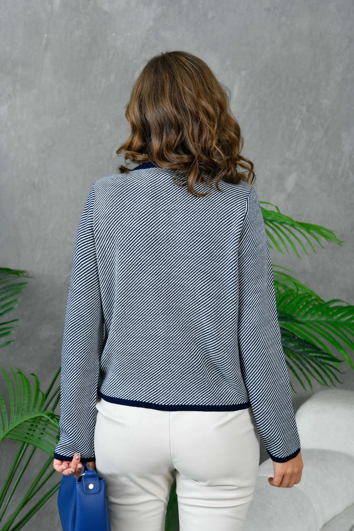 Kadın Düğme Detay Çizgili Triko HIrka