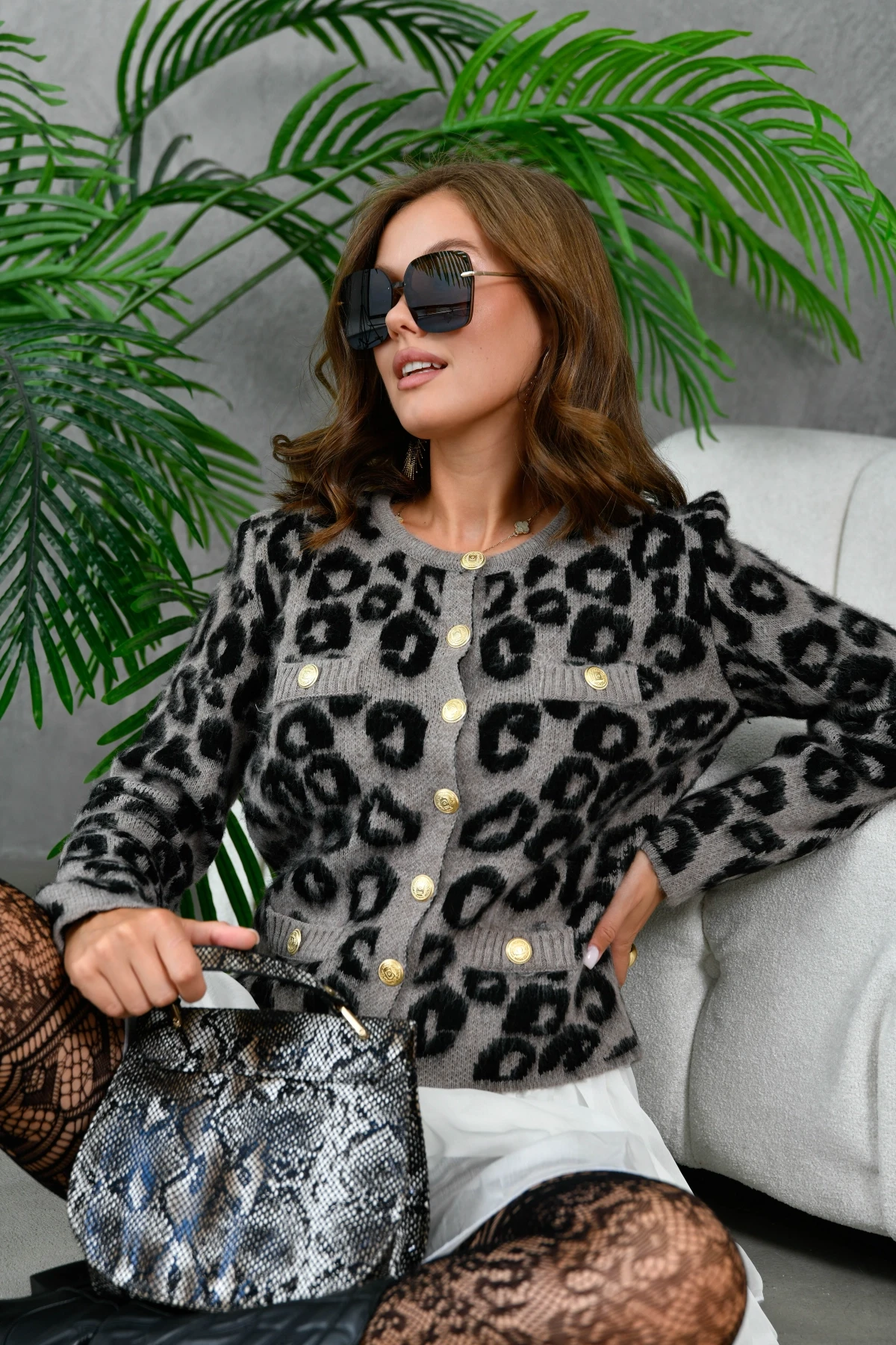 Kadın Düğme Detay Desenli Triko Hırka