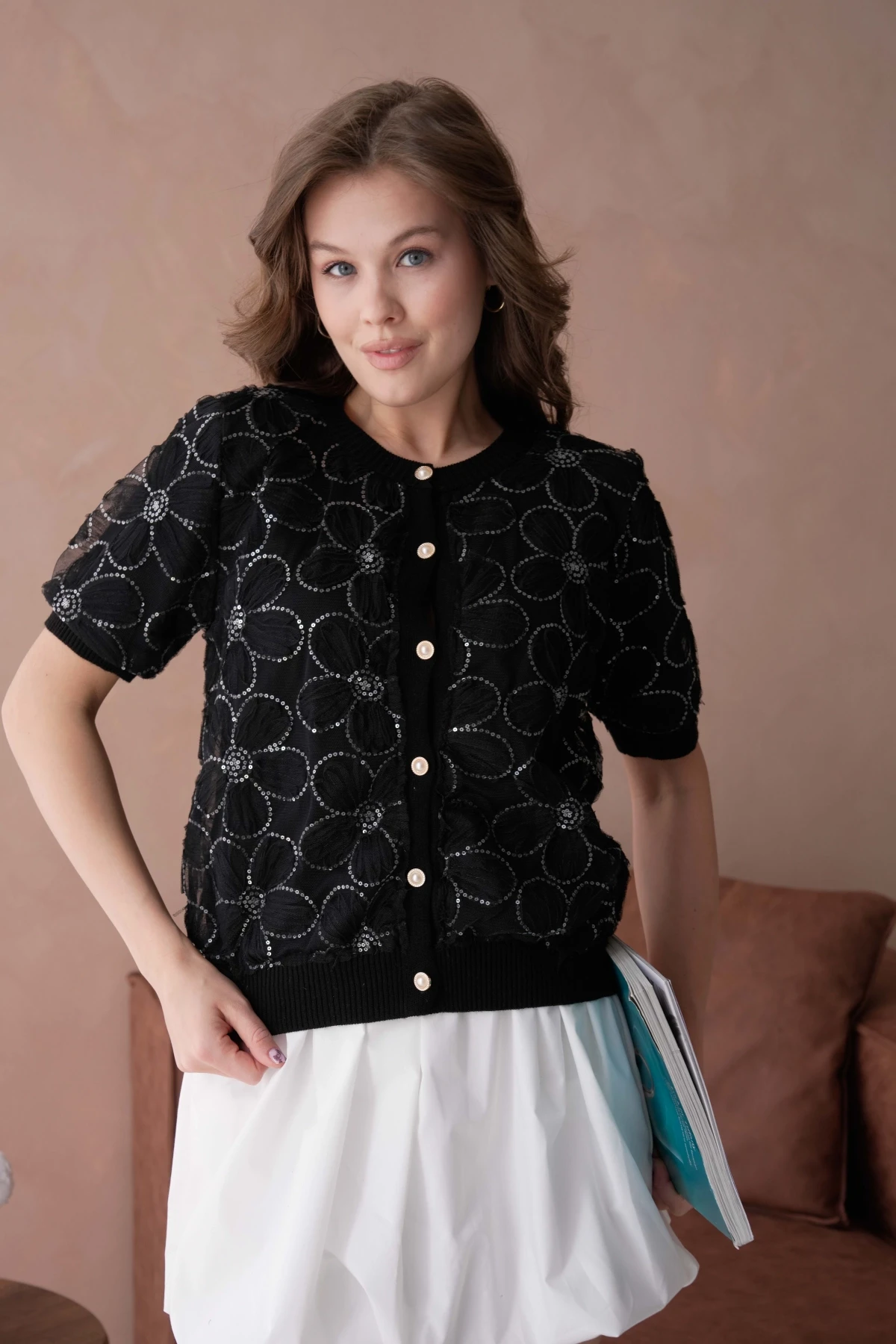 Düğme Detay Full Tül Kısa Kollu Triko Hırka