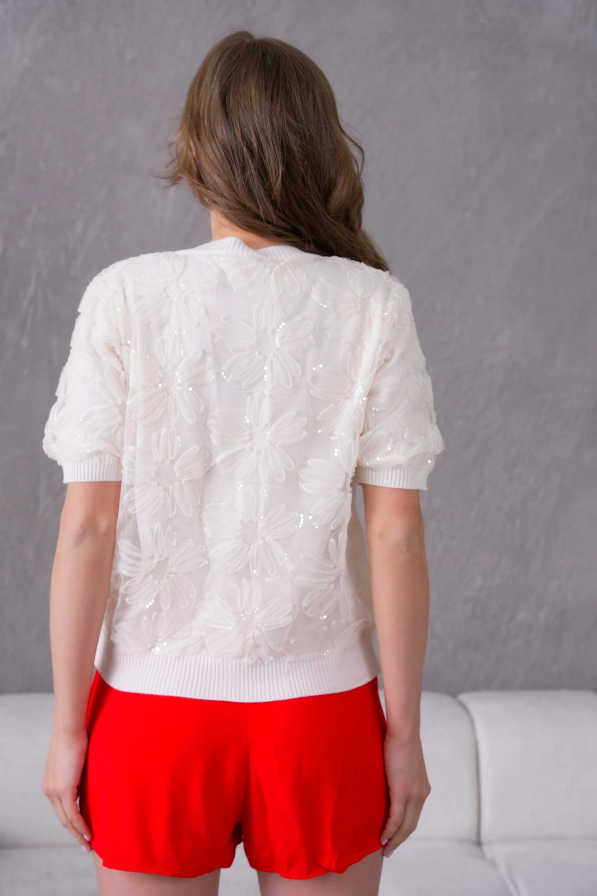 Düğme Detay Full Tül Kısa Kollu Triko Hırka