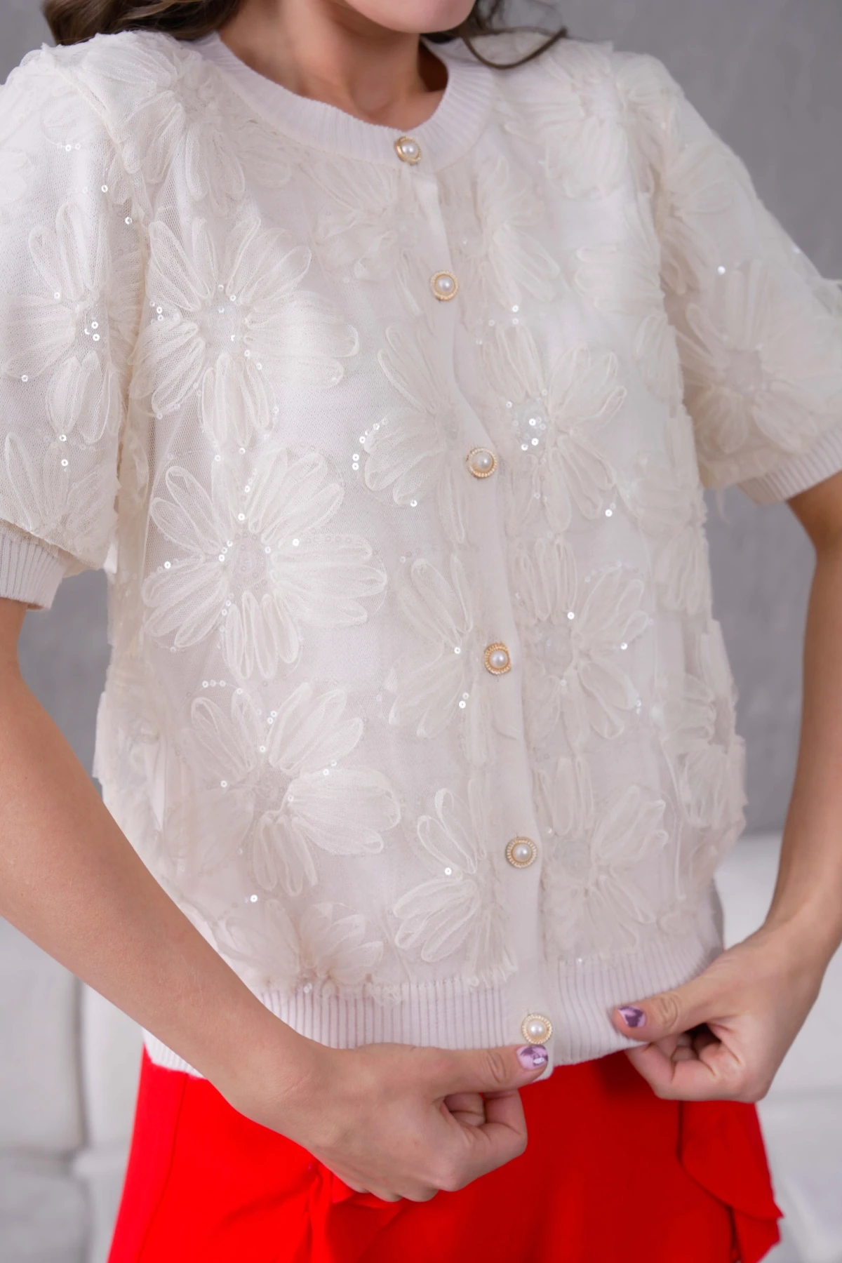 Düğme Detay Full Tül Kısa Kollu Triko Hırka