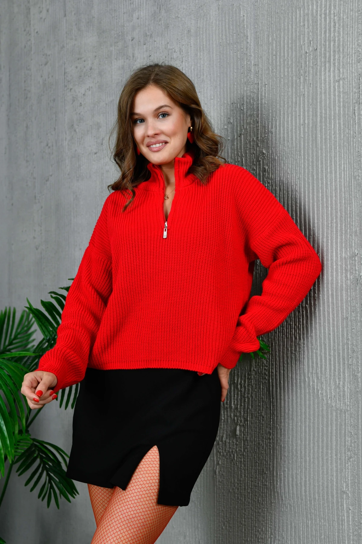 Kadın Fermuar Detaylı Triko Kazak