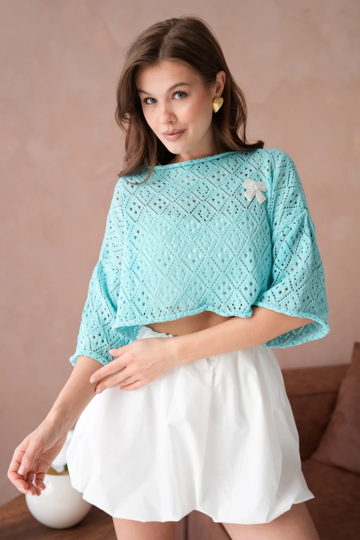 Kadın Kayık Yaka Ajurlı Triko Kazak