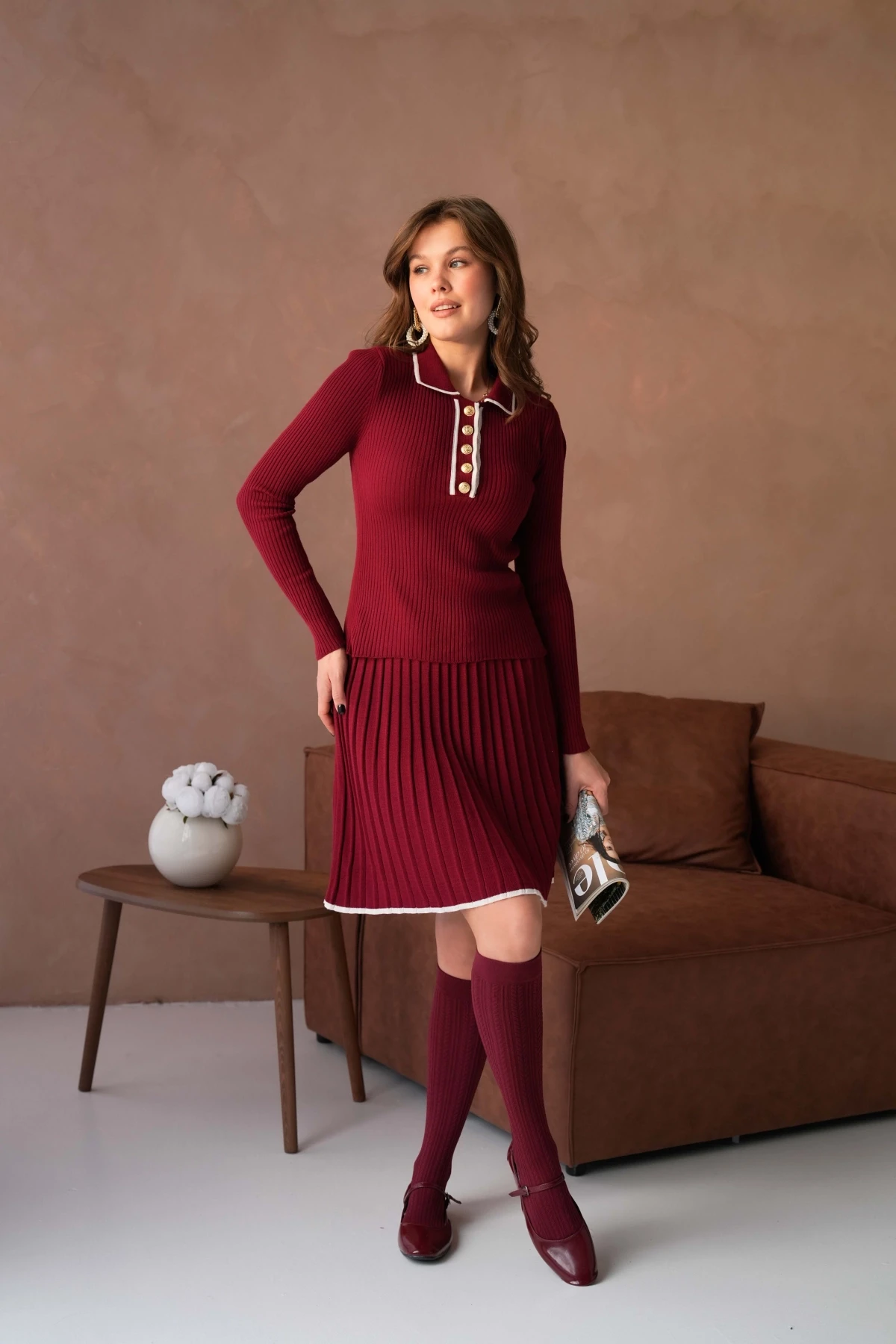 Kadın Polo Yaka Düğme Detay Kazak Etekli İkili Triko Takım