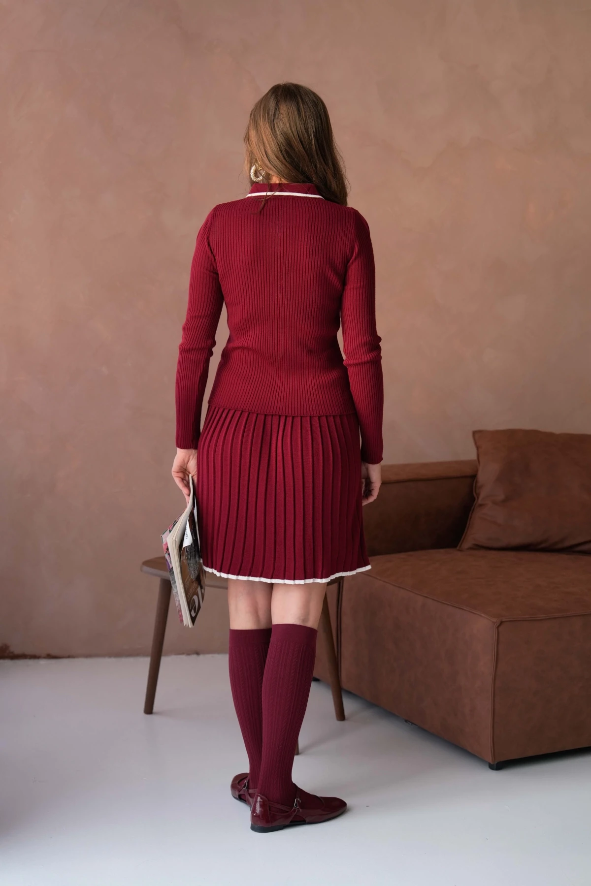 Kadın Polo Yaka Düğme Detay Kazak Etekli İkili Triko Takım