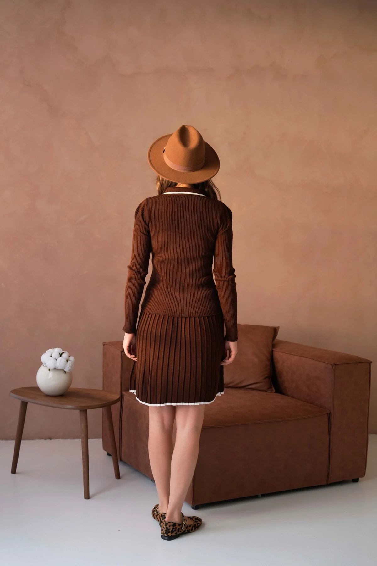 Kadın Polo Yaka Düğme Detay Kazak Etekli İkili Triko Takım