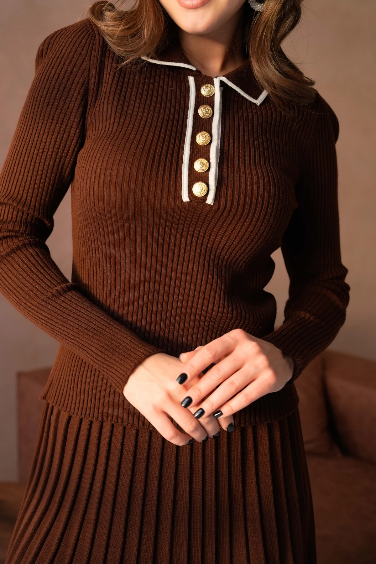 Kadın Polo Yaka Düğme Detay Kazak Etekli İkili Triko Takım