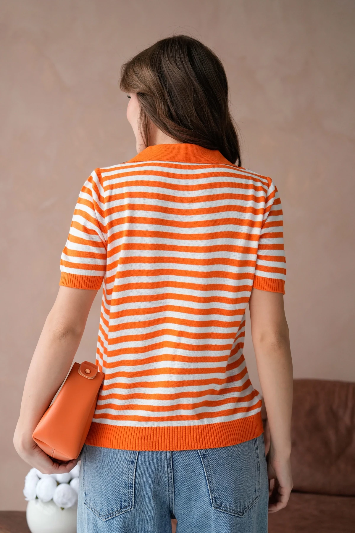 Polo Yaka Nakış Detaylı Çizgili Triko Kazak